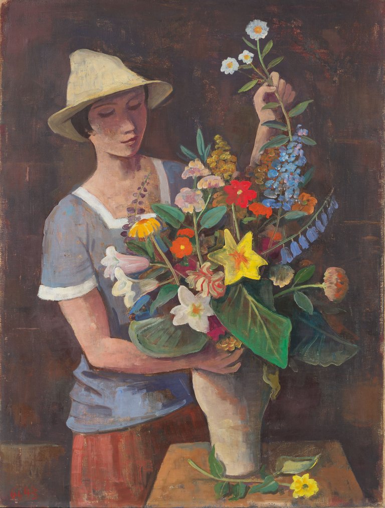 Auf diesem Bild ist das folgende Kunstwerk zu sehen: Karl Hofer. „Mädchen mit Blumenstrauß“. 1943.