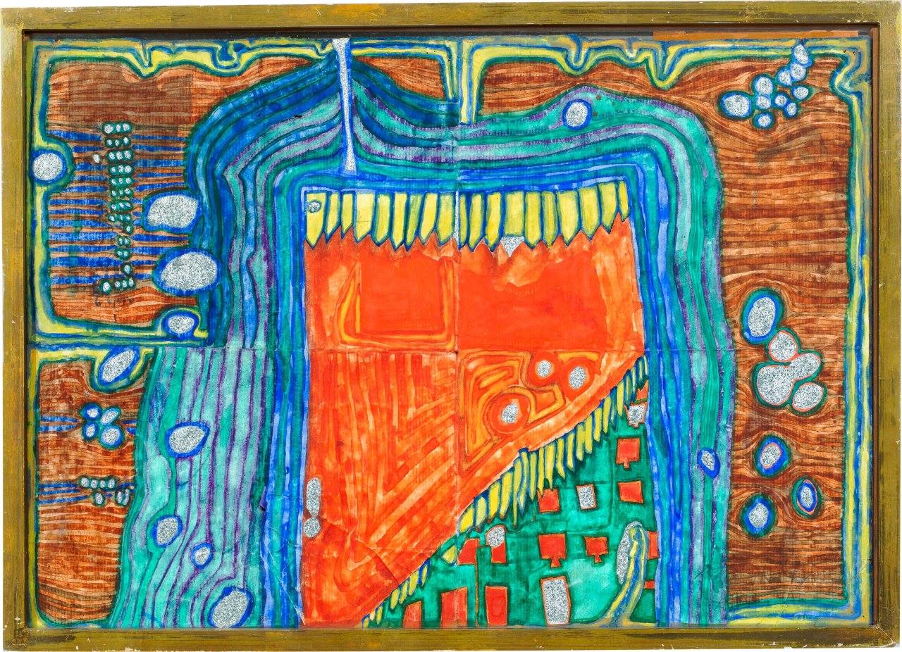 Auf diesem Bild ist das folgende Kunstwerk zu sehen: Friedensreich Hundertwasser. „Garten im Regentropfen – Theater – Maul – Capanna 140“. 1962.