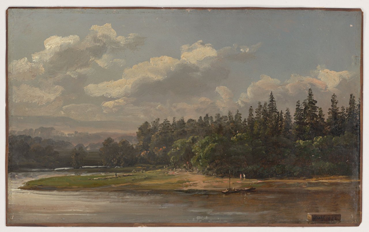 Auf diesem Bild ist das folgende Kunstwerk zu sehen: Johan Christian Clausen Dahl. Elblandschaft nahe Dresden („River Landscape“). 1851.