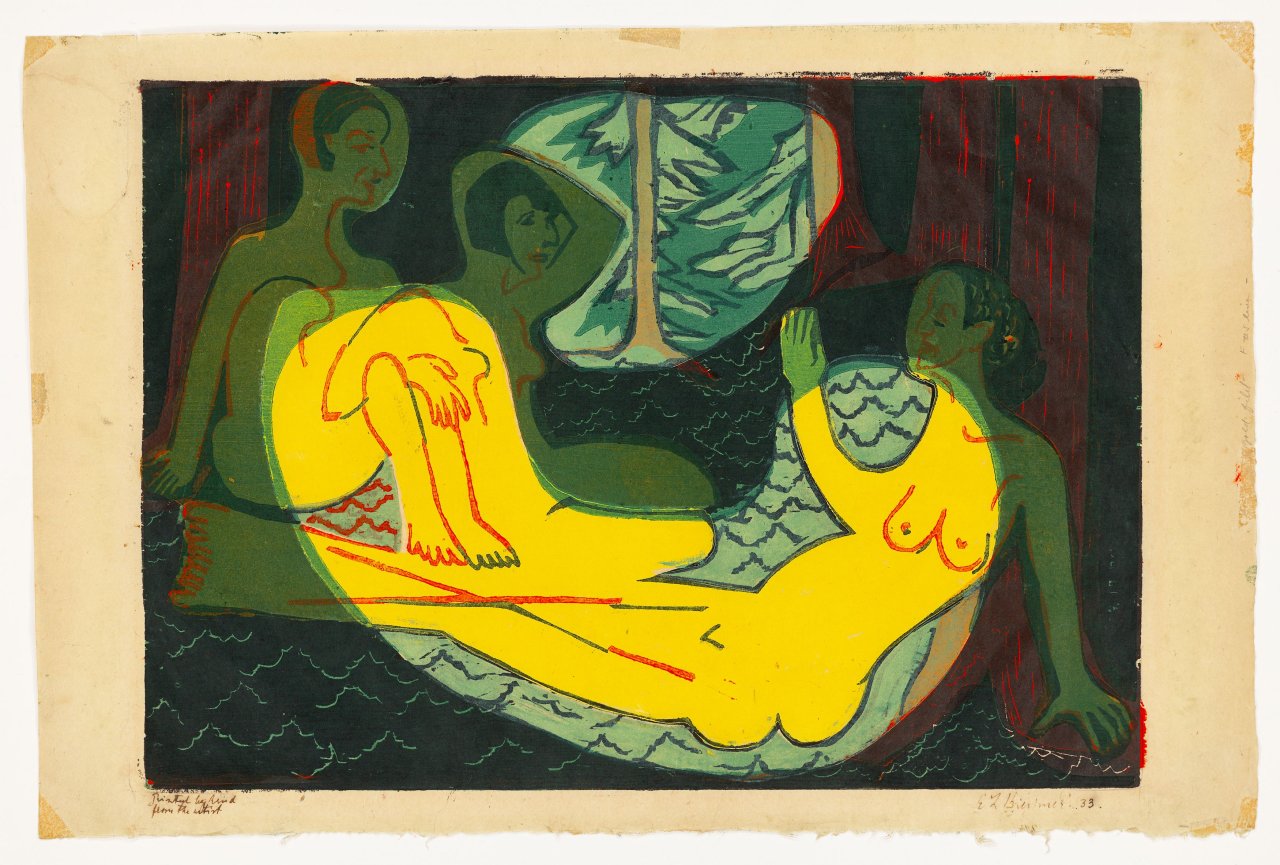Auf diesem Bild ist das folgende Kunstwerk zu sehen: Ernst Ludwig Kirchner. „Drei Akte im Walde“. 1933.