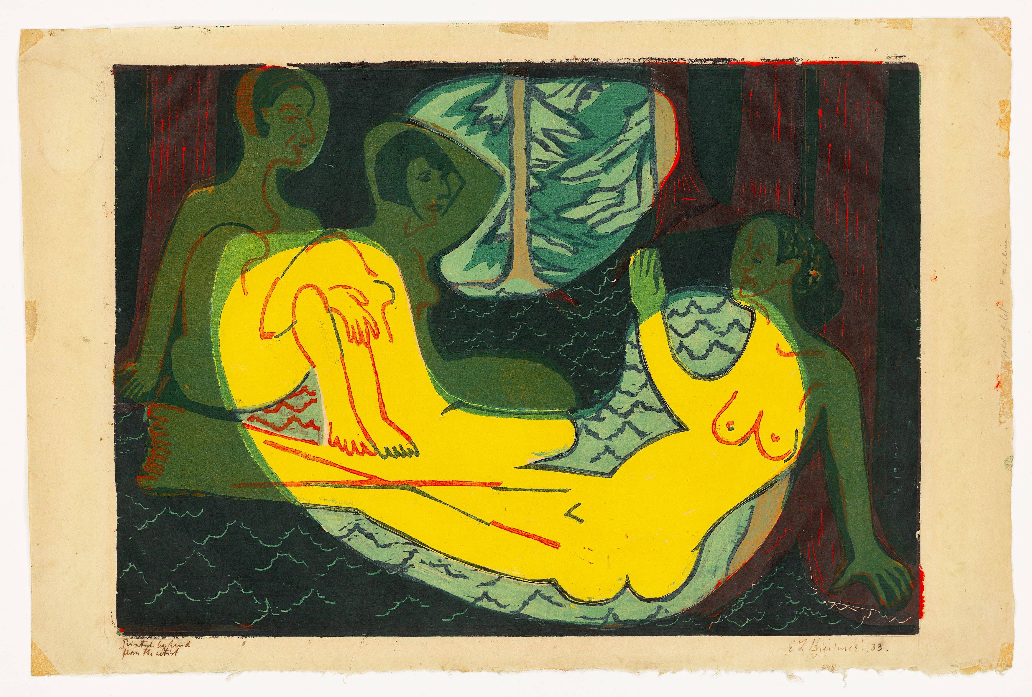 Auf diesem Bild ist das folgende Kunstwerk zu sehen: Ernst Ludwig Kirchner. „Drei Akte im Walde“. 1933.