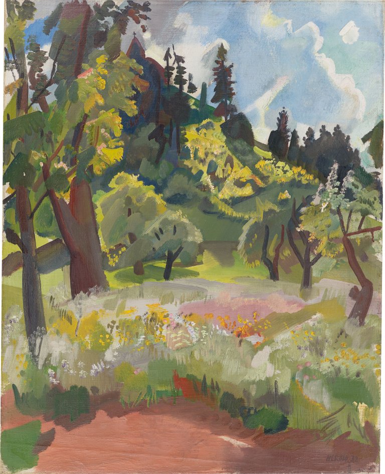 Auf diesem Bild ist das folgende Kunstwerk zu sehen: Otto Herbig. Bergwiese mit Bäumen. 1932.