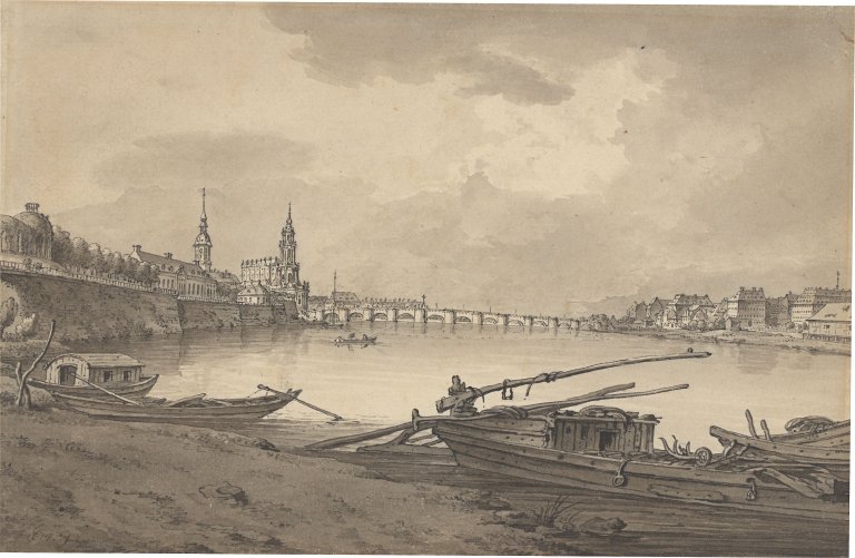 This picture shows the following artwork: Adrian Zingg. View of Dresden with Augustus Bridge and court chapel.