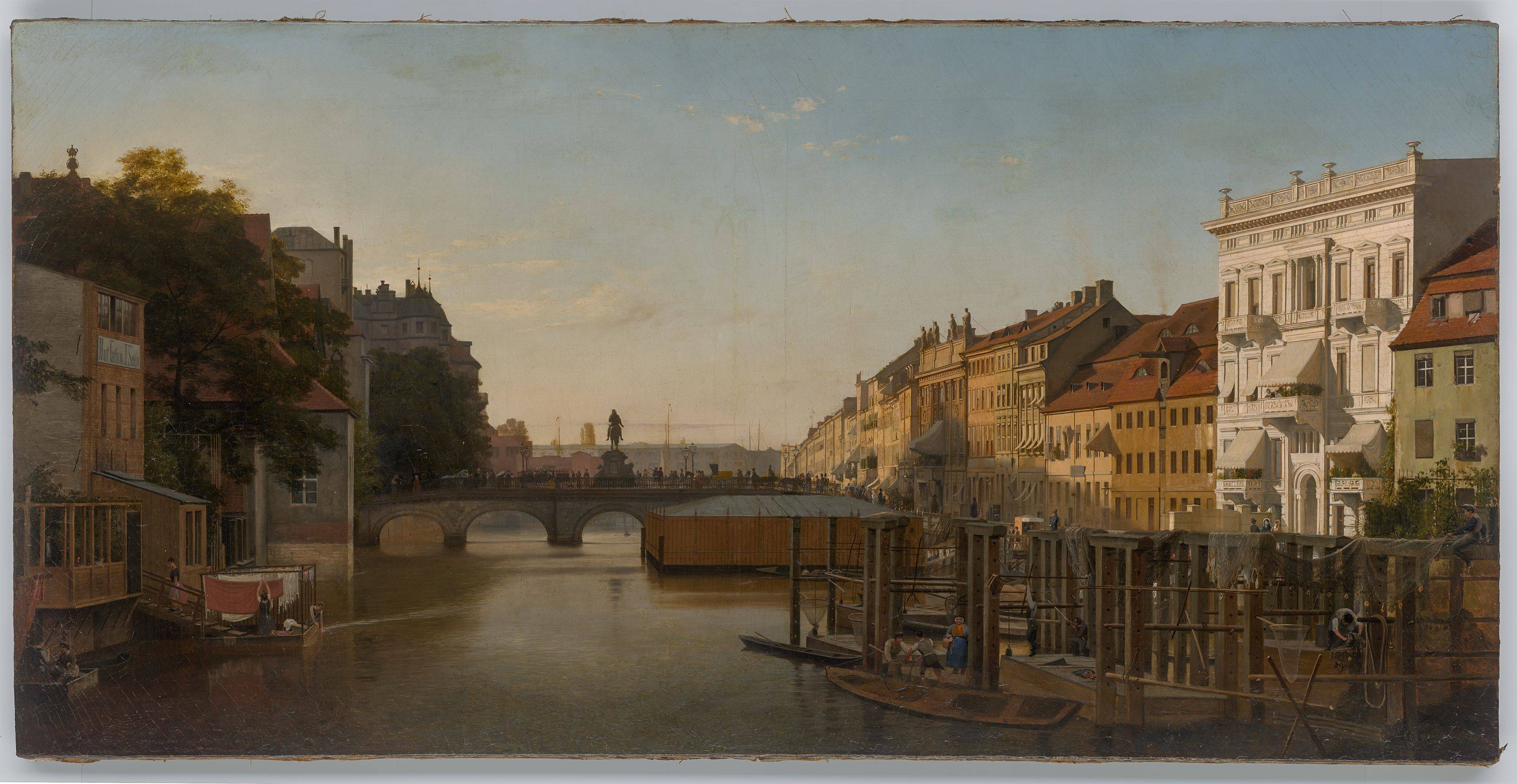 Auf diesem Bild ist das folgende Kunstwerk zu sehen: Eduard Gaertner. „Die Lange-Brücke von den Mühlen aus gesehen“ (Berlin). 1856.