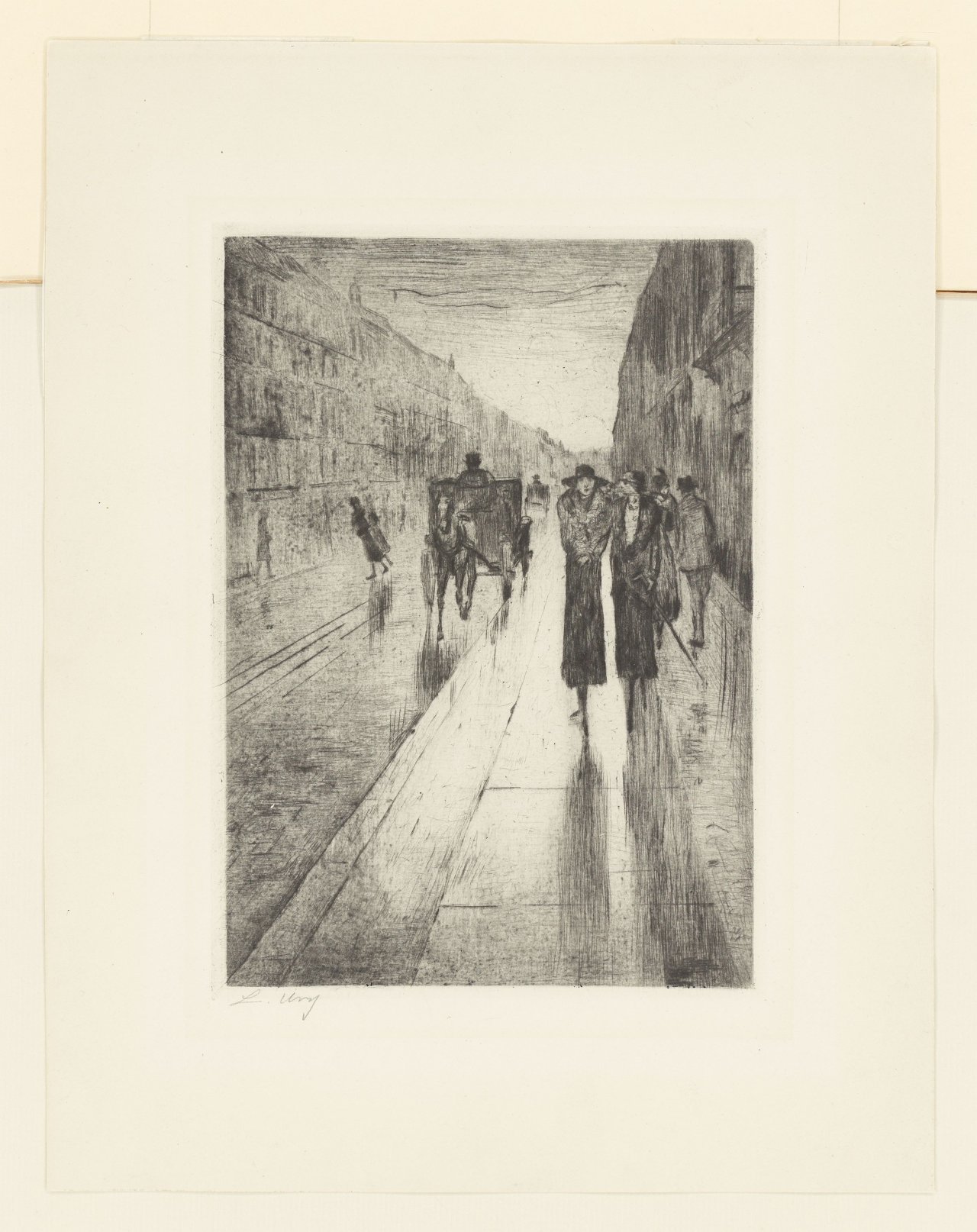 Auf diesem Bild ist das folgende Kunstwerk zu sehen: Lesser Ury. „Spaziergänger im Regen vor Pferdedroschke“. 1919.