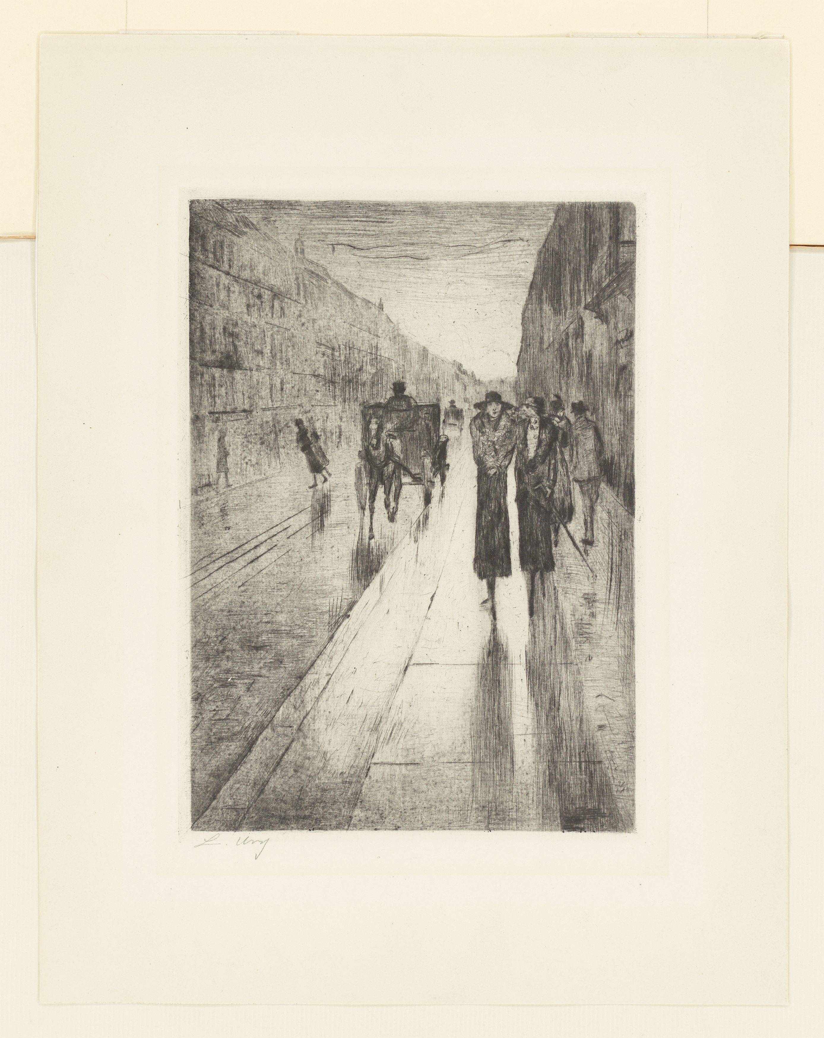 Auf diesem Bild ist das folgende Kunstwerk zu sehen: Lesser Ury. „Spaziergänger im Regen vor Pferdedroschke“. 1919.