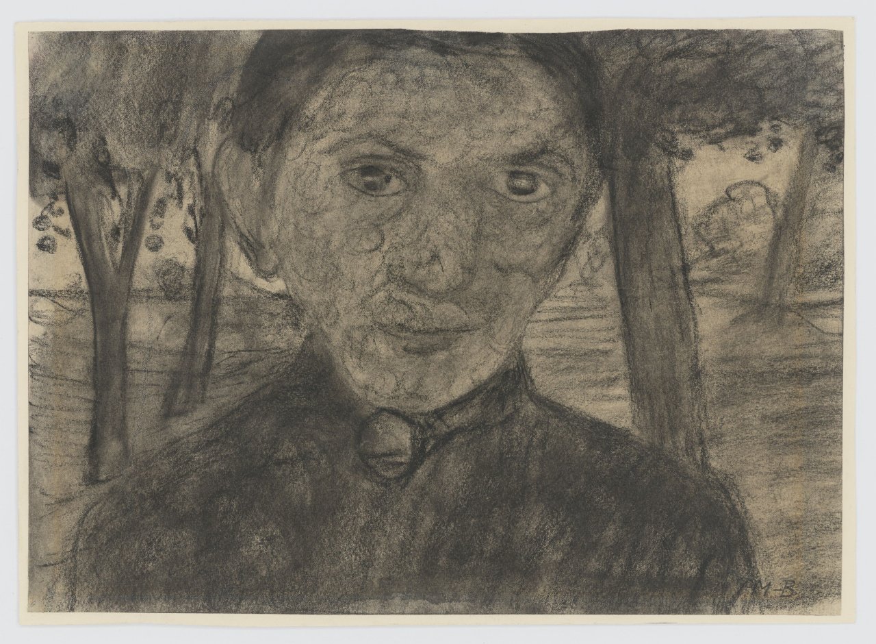 This picture shows the following artwork: Paula Modersohn-Becker. ”Selbstbildnis mit Landschaft vor Bäumen”. 1903.