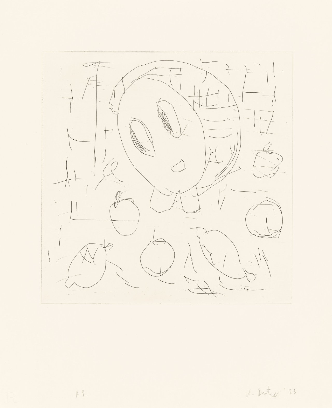 Auf diesem Bild ist das folgende Kunstwerk zu sehen: André Butzer. „Frau und Früchte II“. 2025.