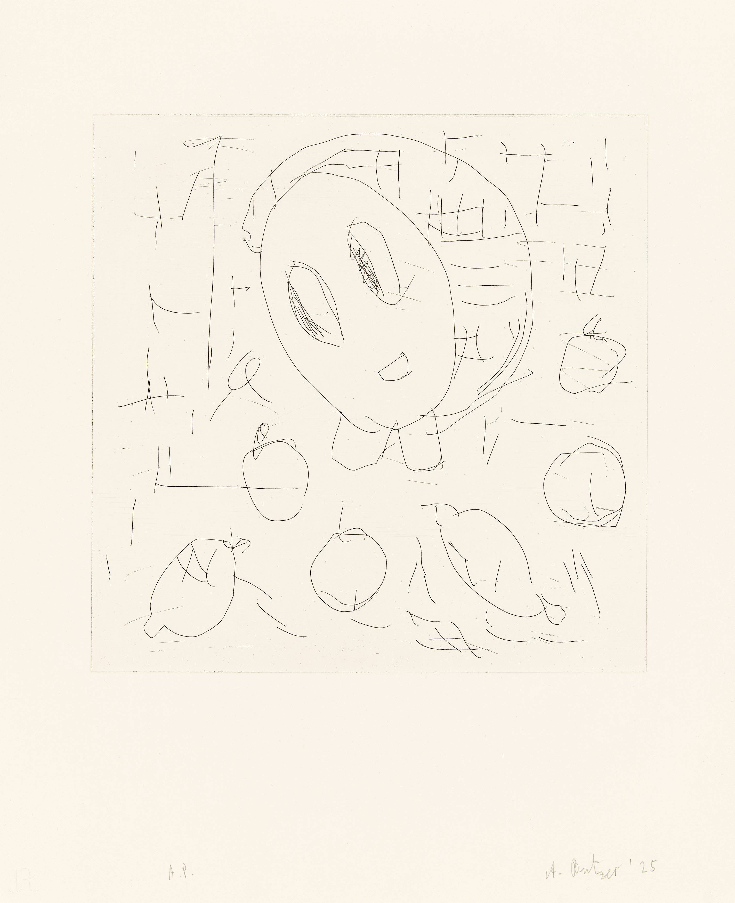 Auf diesem Bild ist das folgende Kunstwerk zu sehen: André Butzer. „Frau und Früchte II“. 2025.