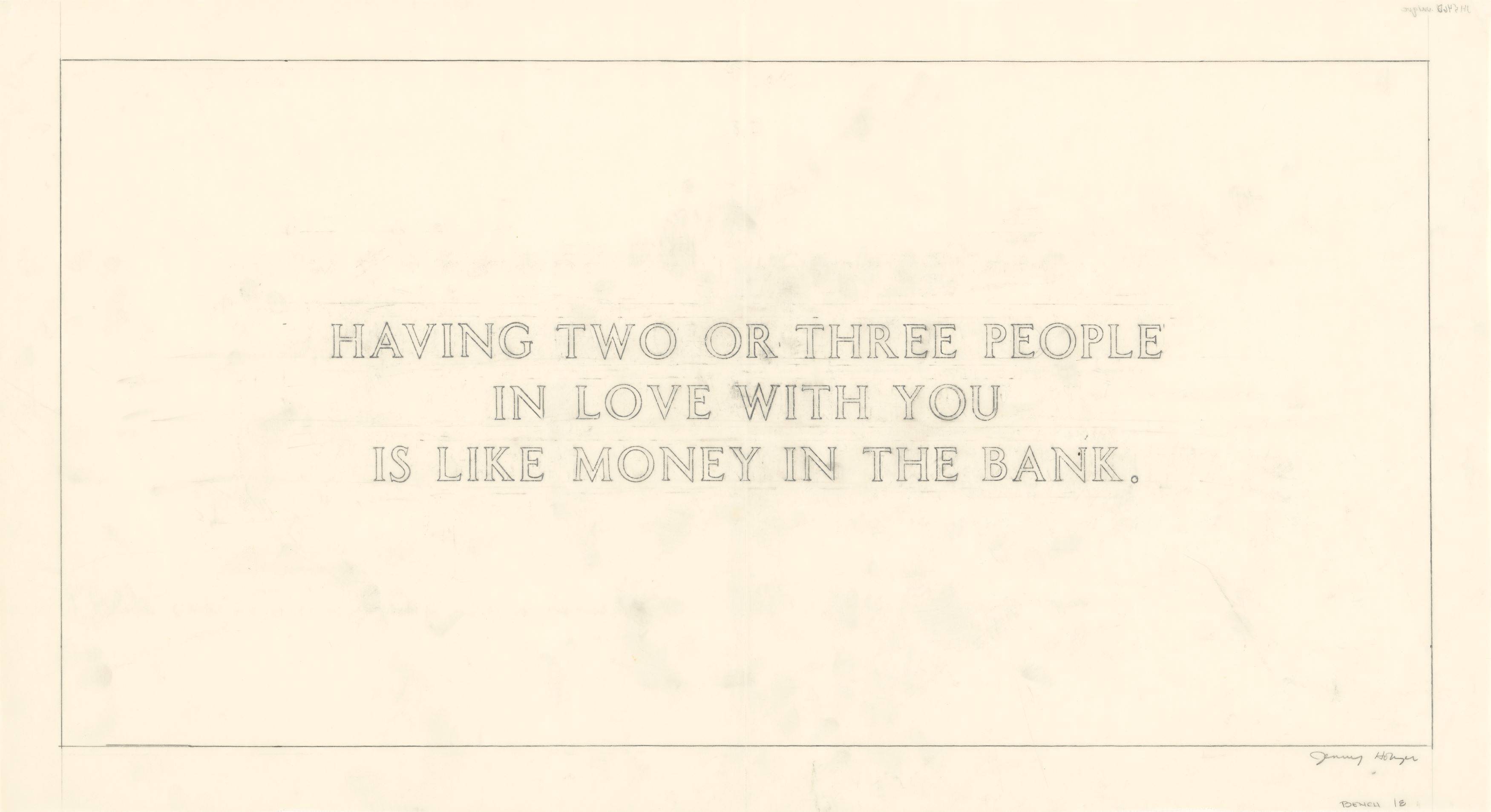 This picture shows the following artwork: Jenny Holzer. ”The Living Series: Having two or three people in love with you... (BENCH 18)”. 1980-82.