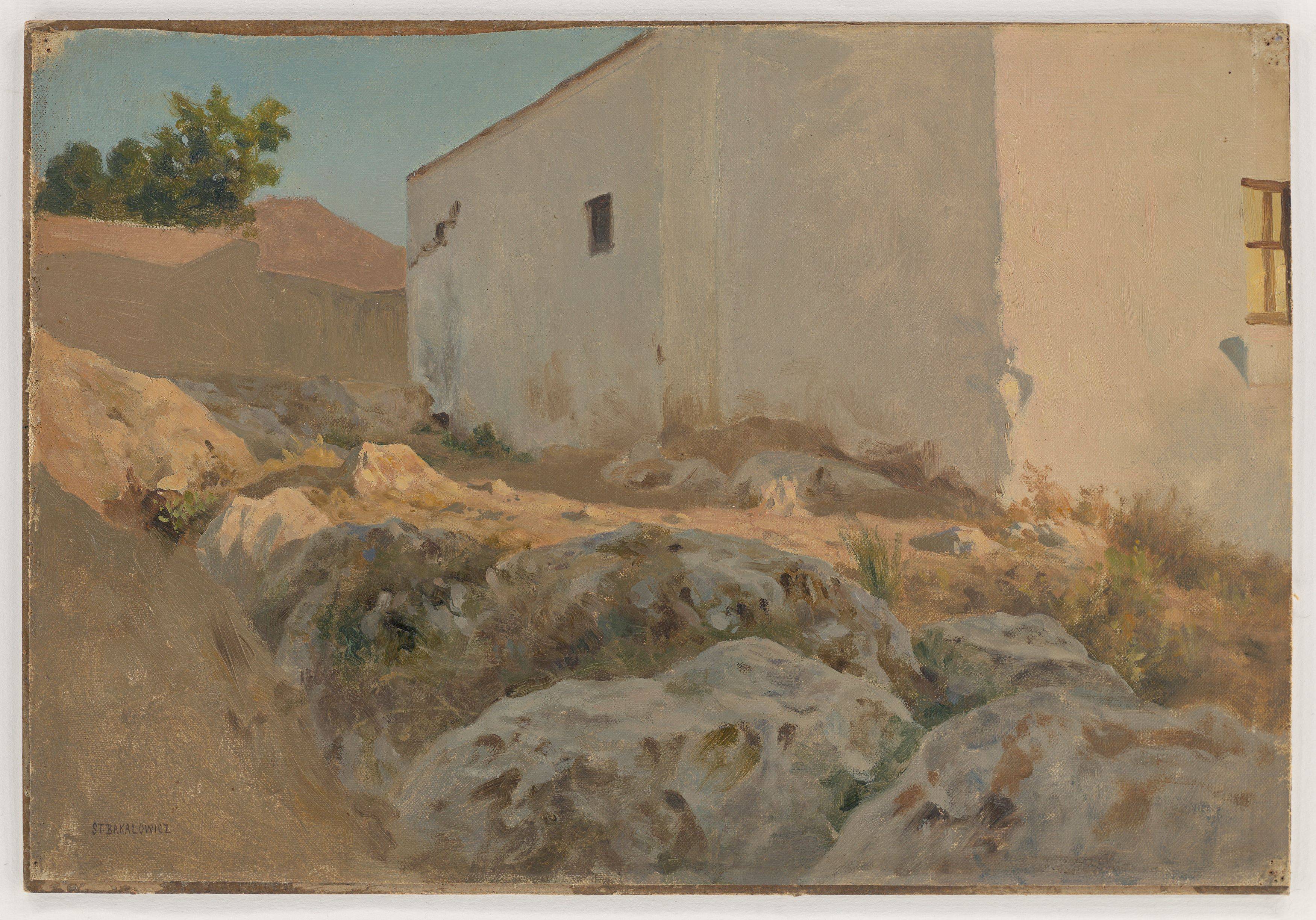 Auf diesem Bild ist das folgende Kunstwerk zu sehen: Stefan Bakałowicz. Sizilianisches Bauernhaus in der Sonne. Um 1880.