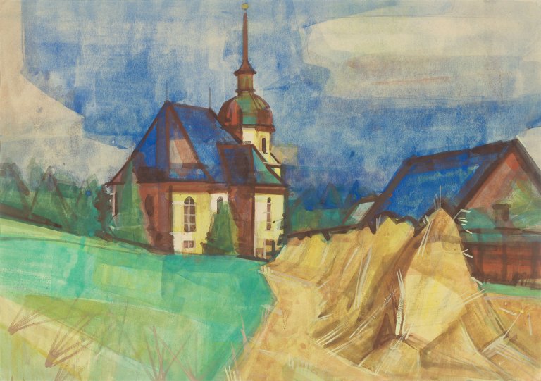 This picture shows the following artwork: Hermann Glöckner. ”Kirche + Kornpuppen”. 1950.