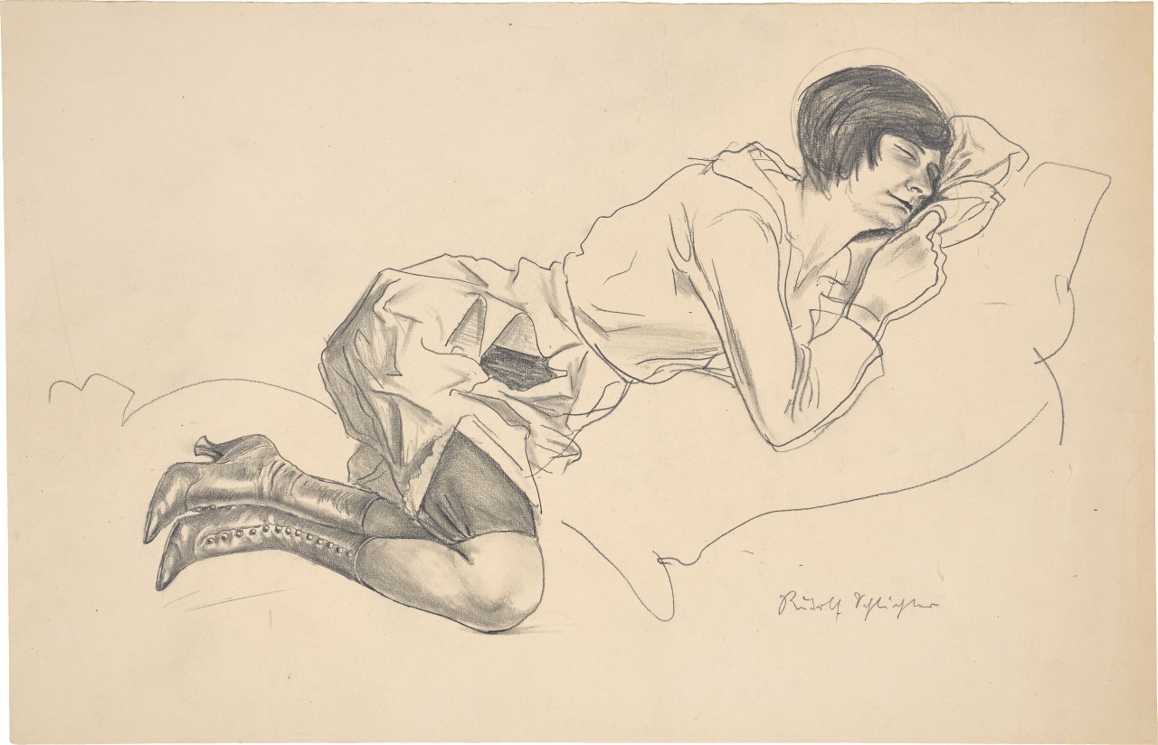 This picture shows the following artwork: Rudolf Schlichter. Reclining woman in high button shoes.