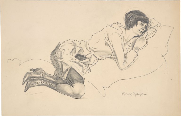 This picture shows the following artwork: Rudolf Schlichter. Reclining woman in high button shoes.