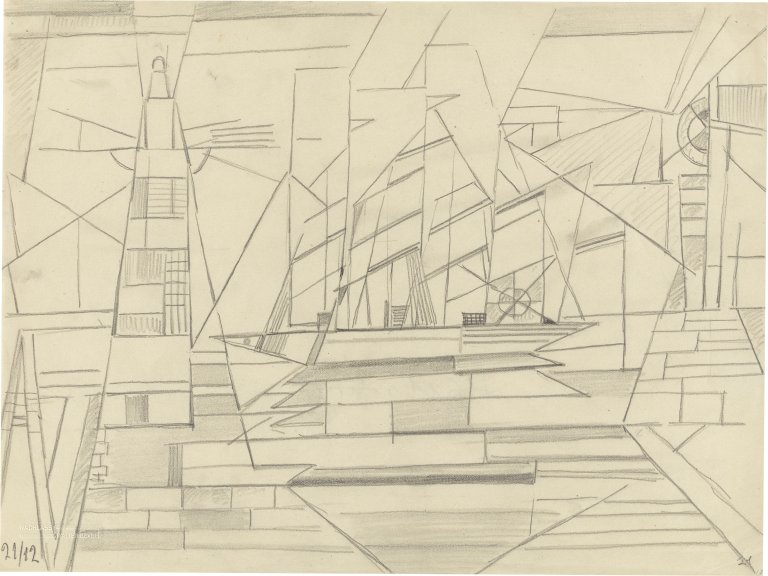 This picture shows the following artwork: Walter Dexel. Leuchtturm und Segelschiff (Lighthouse and sailing ship). 1912.