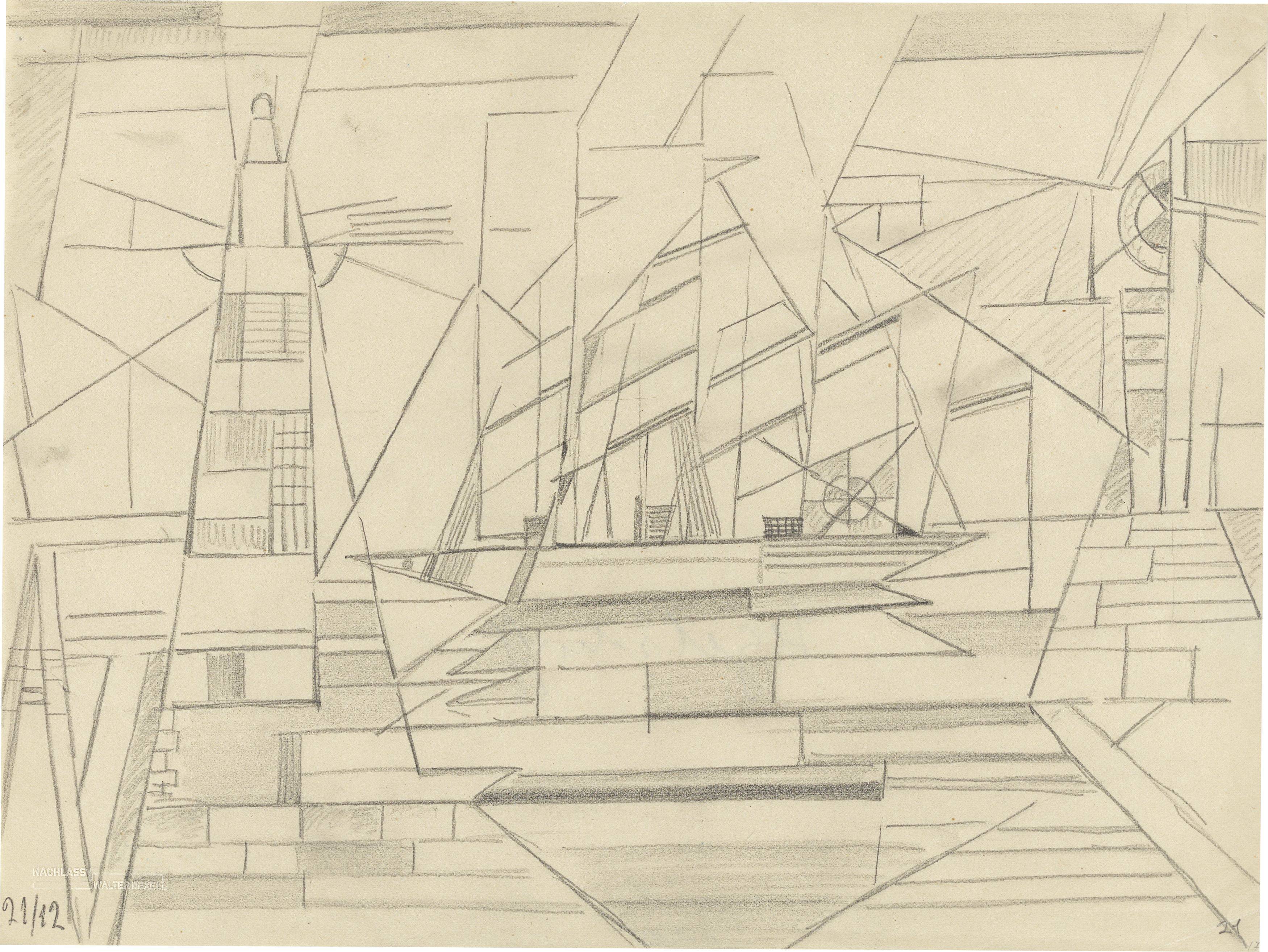 This picture shows the following artwork: Walter Dexel. Leuchtturm und Segelschiff (Lighthouse and sailing ship). 1912.