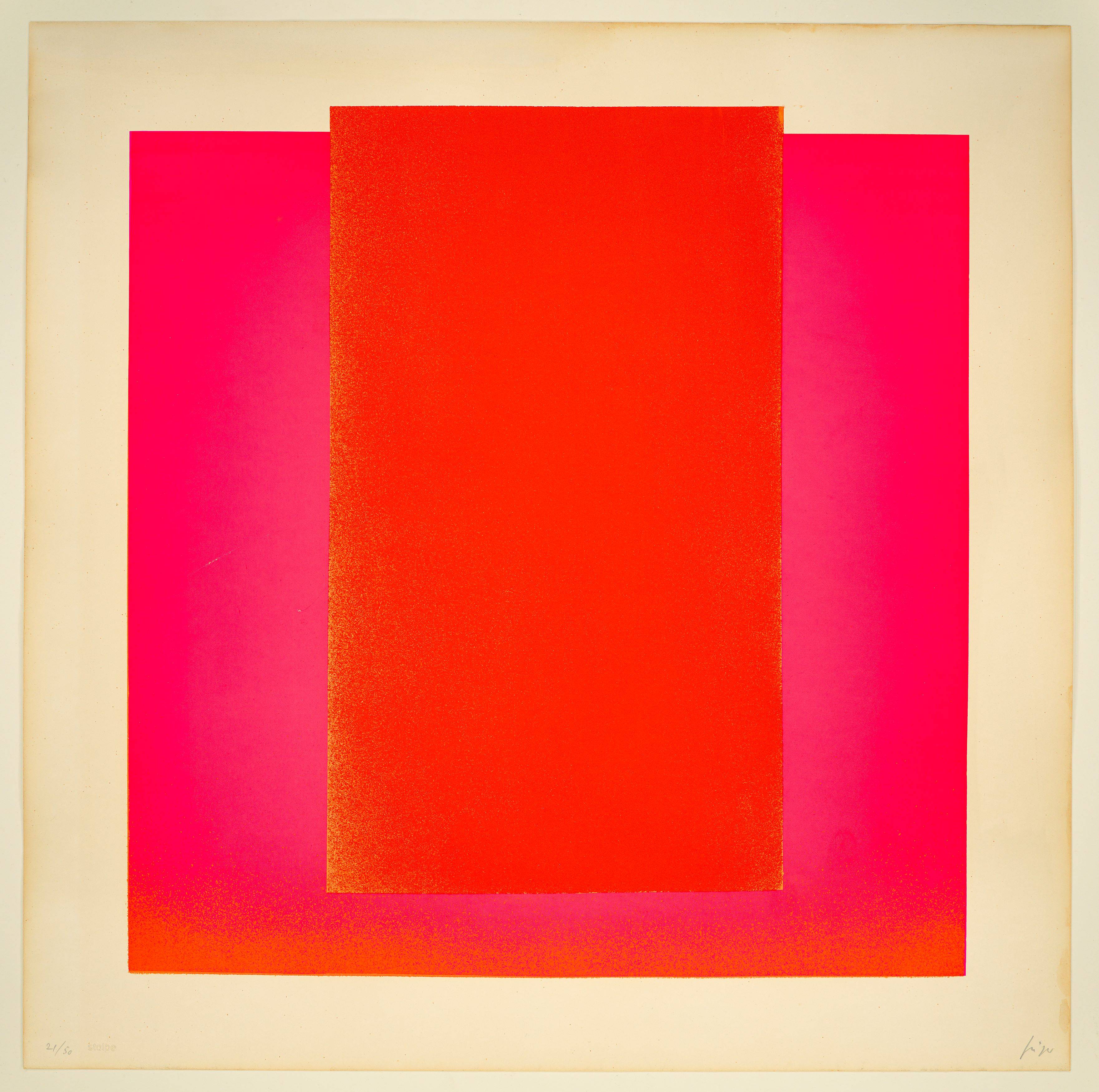 Auf diesem Bild ist das folgende Kunstwerk zu sehen: Rupprecht Geiger. „rot auf leuchtrot“. 1966.