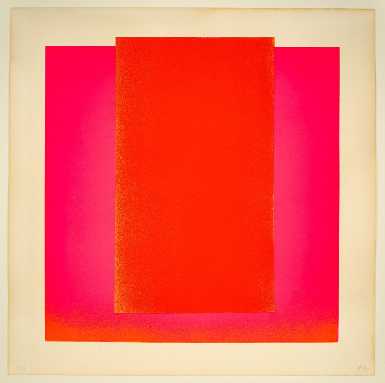 Auf diesem Bild ist das folgende Kunstwerk zu sehen: Rupprecht Geiger. „rot auf leuchtrot“. 1966.