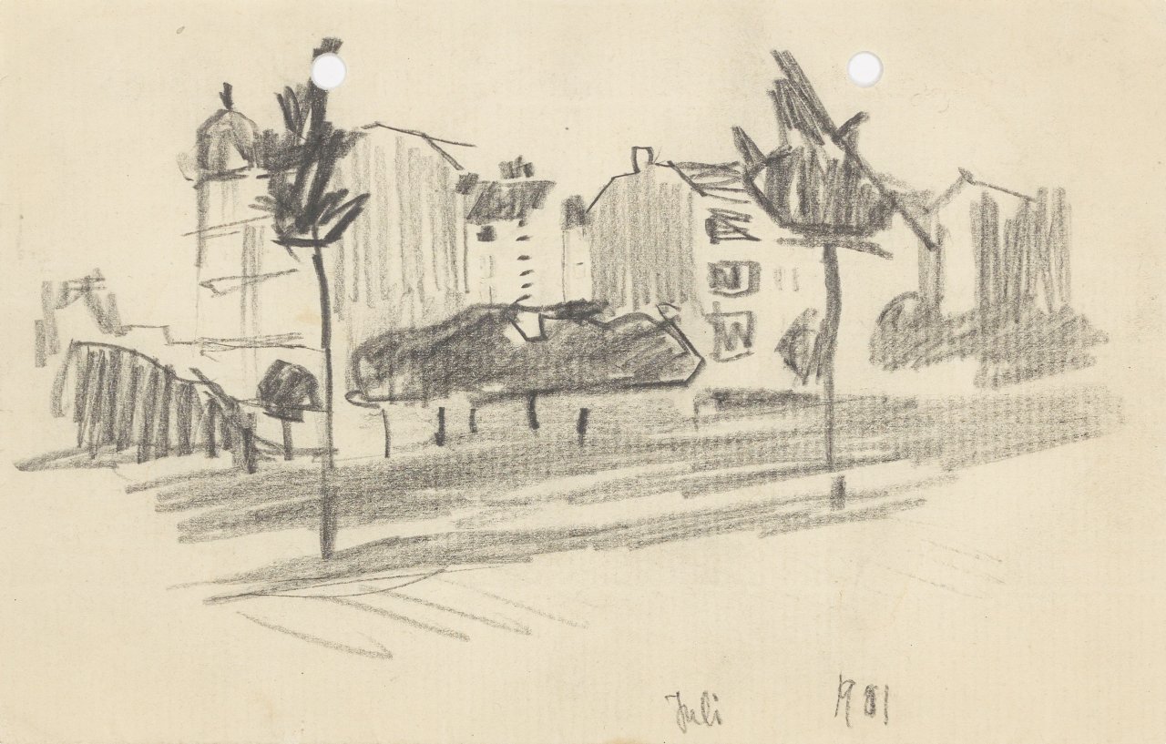 Auf diesem Bild ist das folgende Kunstwerk zu sehen: Lyonel Feininger. „Stadthäuser, Berlin (City Houses, Berlin)“. 1901.