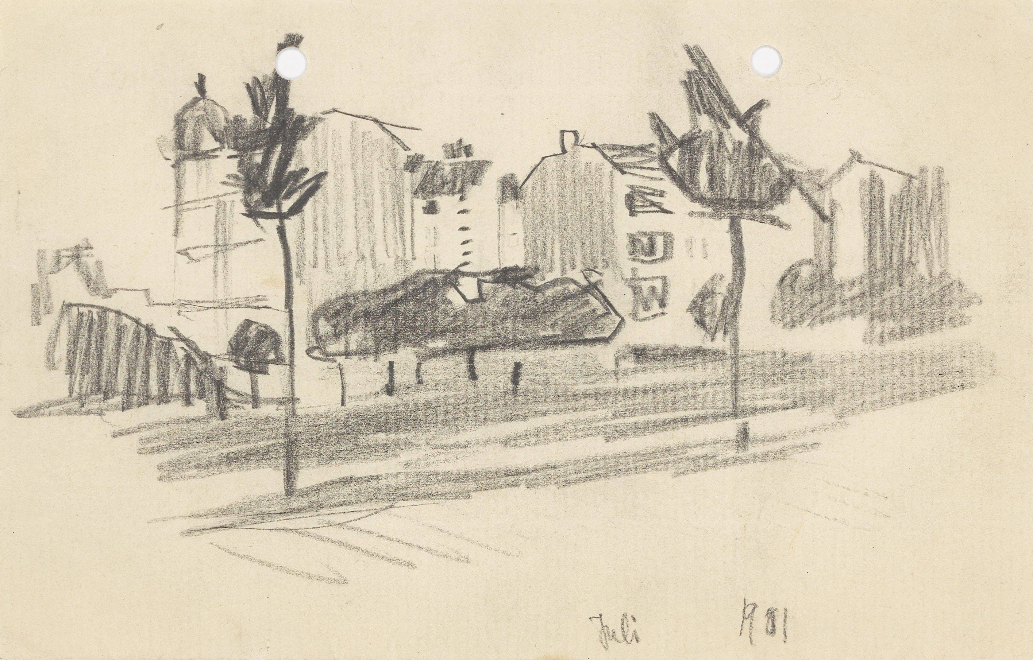 Auf diesem Bild ist das folgende Kunstwerk zu sehen: Lyonel Feininger. „Stadthäuser, Berlin (City Houses, Berlin)“. 1901.