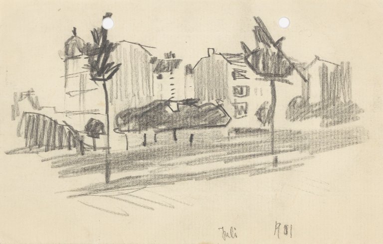 Auf diesem Bild ist das folgende Kunstwerk zu sehen: Lyonel Feininger. „Stadthäuser, Berlin (City Houses, Berlin)“. 1901.