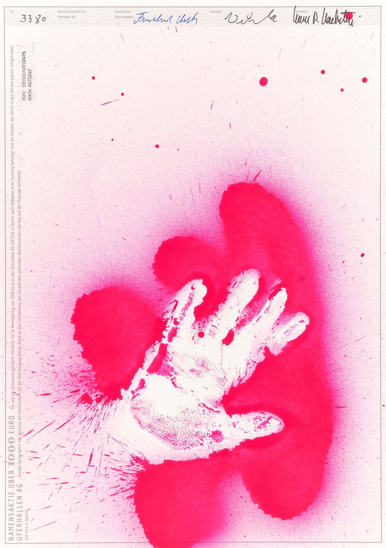 This picture shows the following artwork: Katharina Grosse. Drei Kunstaktien der UferHallen AG. 2011.