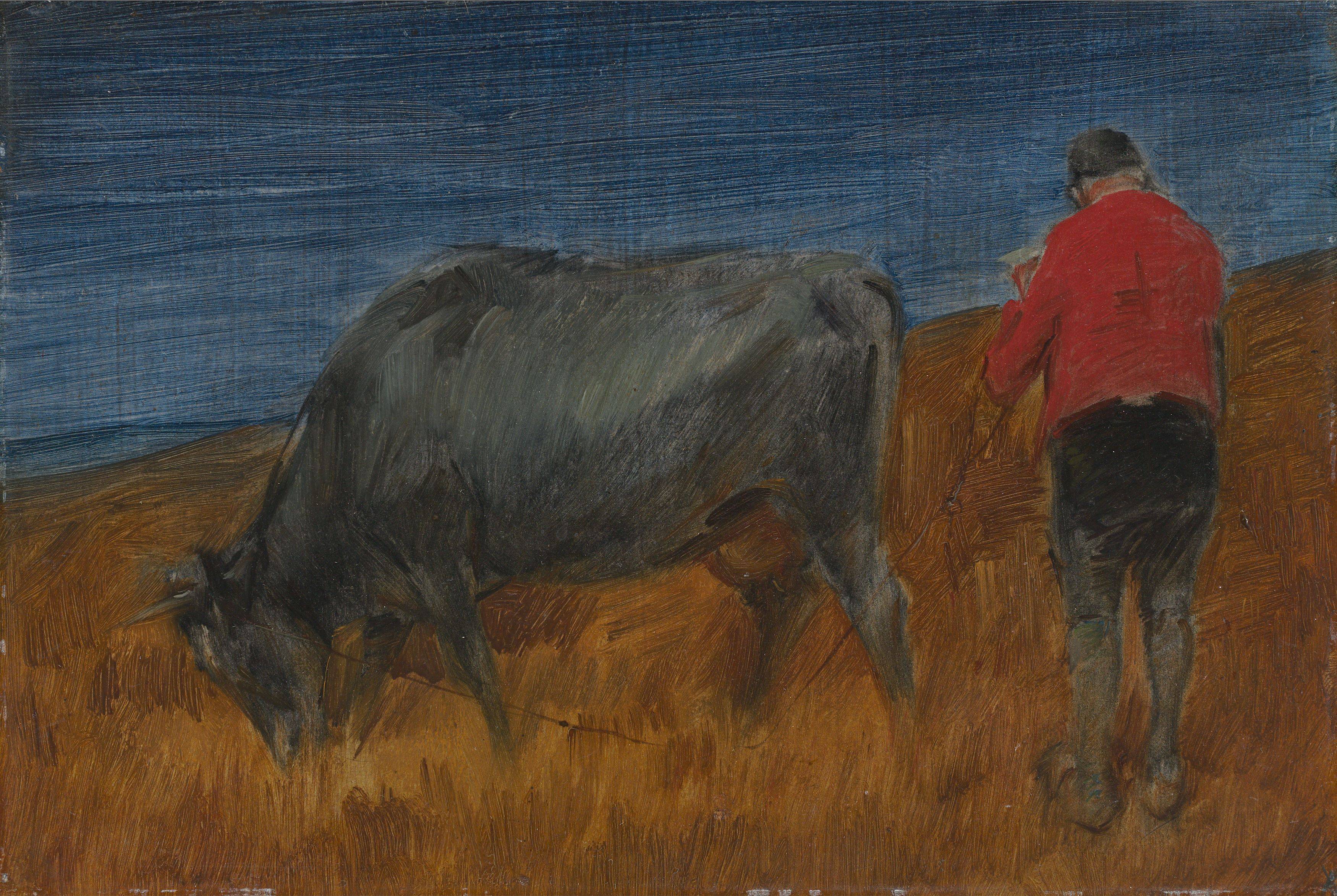 Auf diesem Bild ist das folgende Kunstwerk zu sehen: Wilhelm Busch. „Kuhhütender Bauer“. Um 1894.