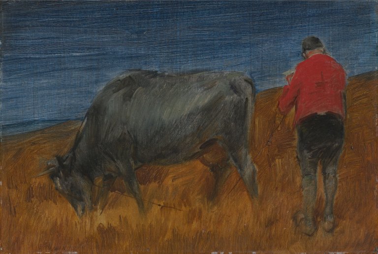 Auf diesem Bild ist das folgende Kunstwerk zu sehen: Wilhelm Busch. „Kuhhütender Bauer“. Um 1894.