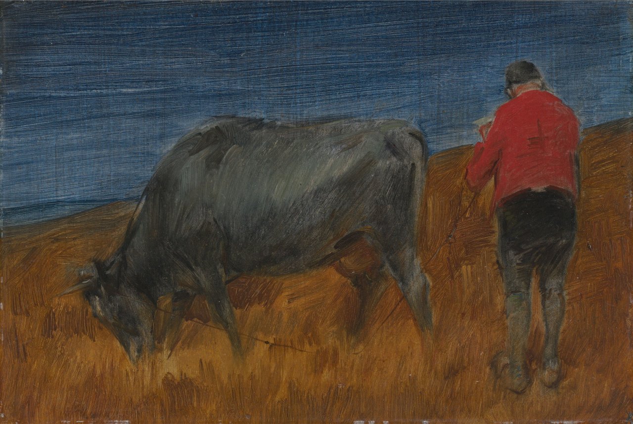 Auf diesem Bild ist das folgende Kunstwerk zu sehen: Wilhelm Busch. „Kuhhütender Bauer“. Um 1894.
