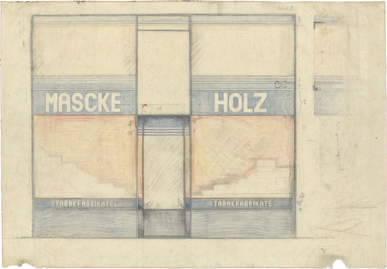 This picture shows the following artwork: Robert Michel. Facade draft (Maschke Holz). 1927.
