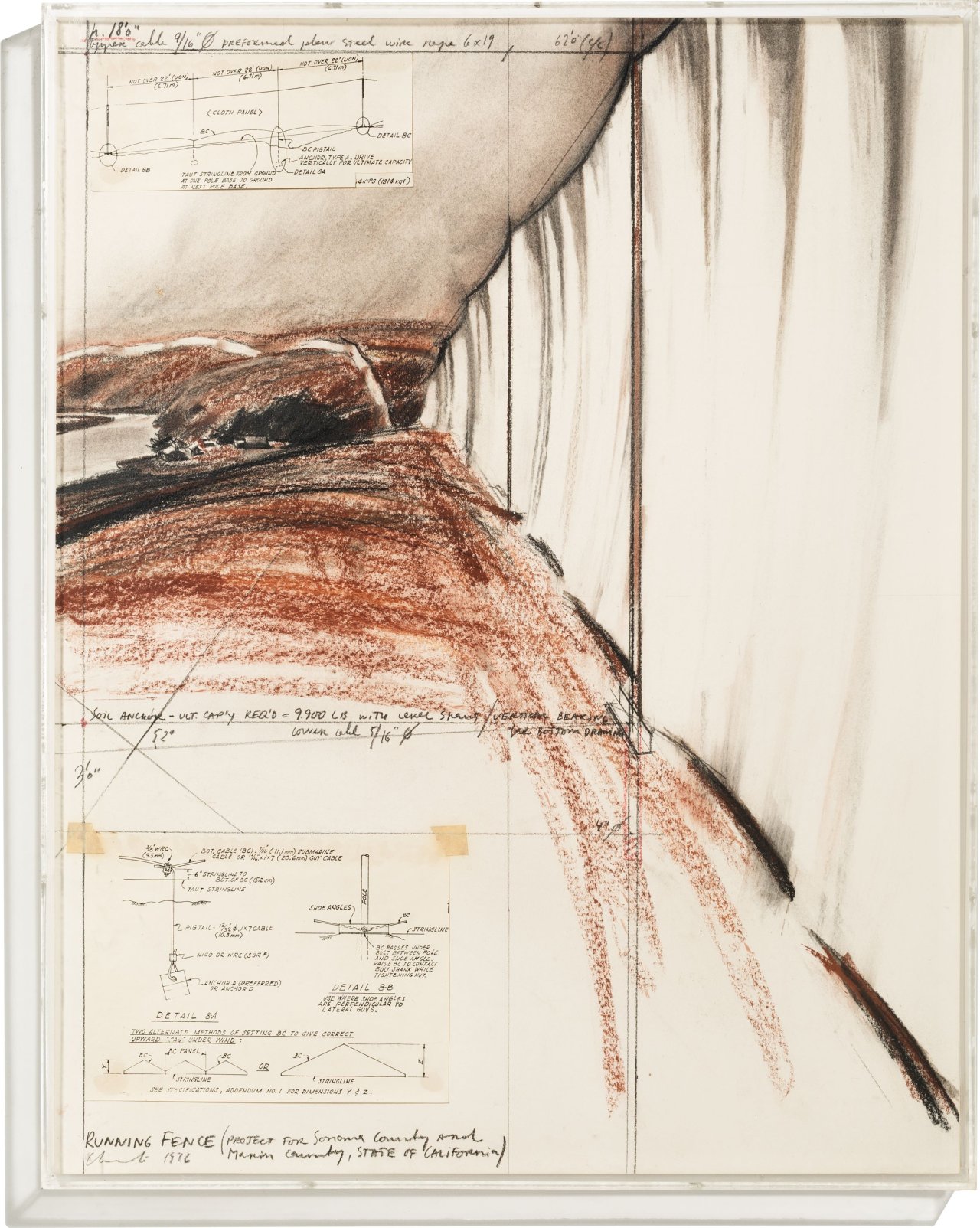 This picture shows the following artwork:  Christo. ”RUNNING FENCE (PROJECT FOR Sonoma County And Marin County, STATE OF CALIFORNIA)”. 1976.