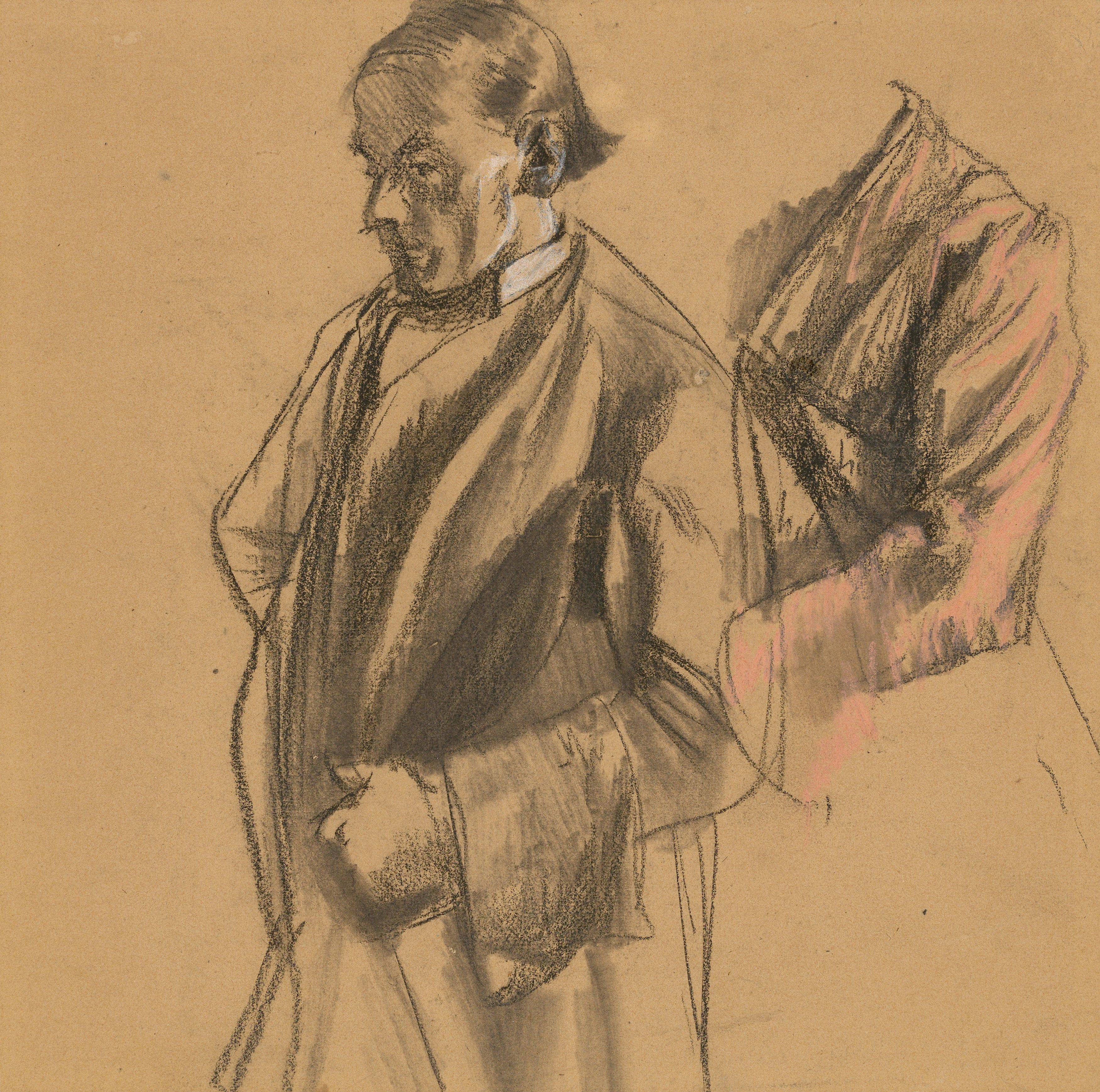 This picture shows the following artwork: Adolph Menzel. Middle-aged Man with a Hat, facing left, and a Costume Study.
