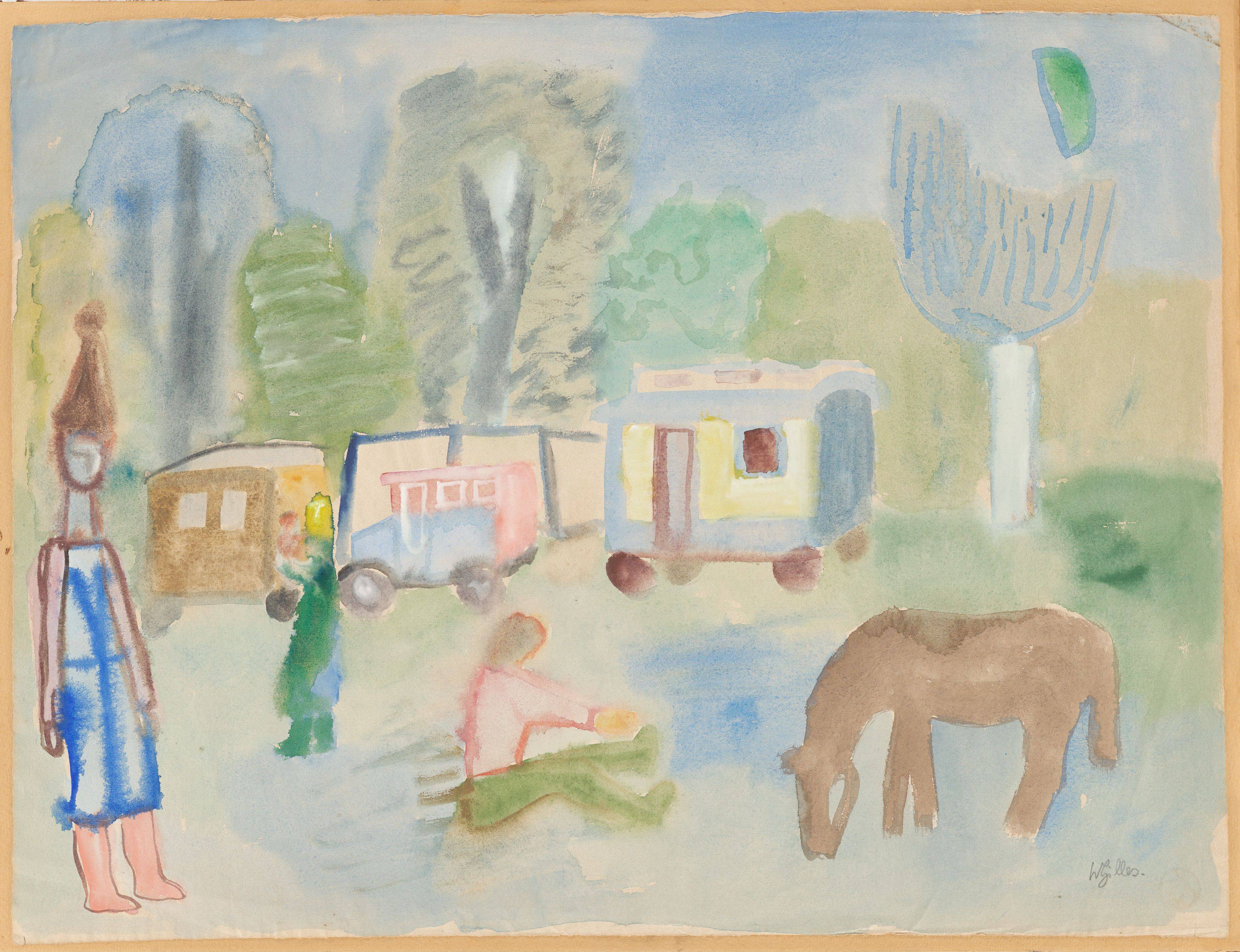 This picture shows the following artwork: Werner Gilles. Scene with circus caravan.