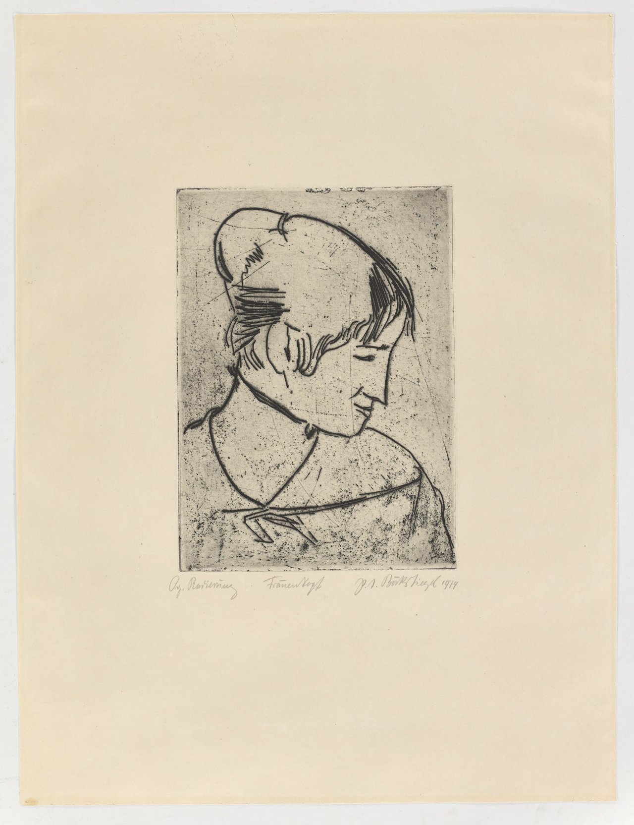This picture shows the following artwork: Peter August Böckstiegel. ”Frauenkopf im Profil nach rechts”. 1913/14.