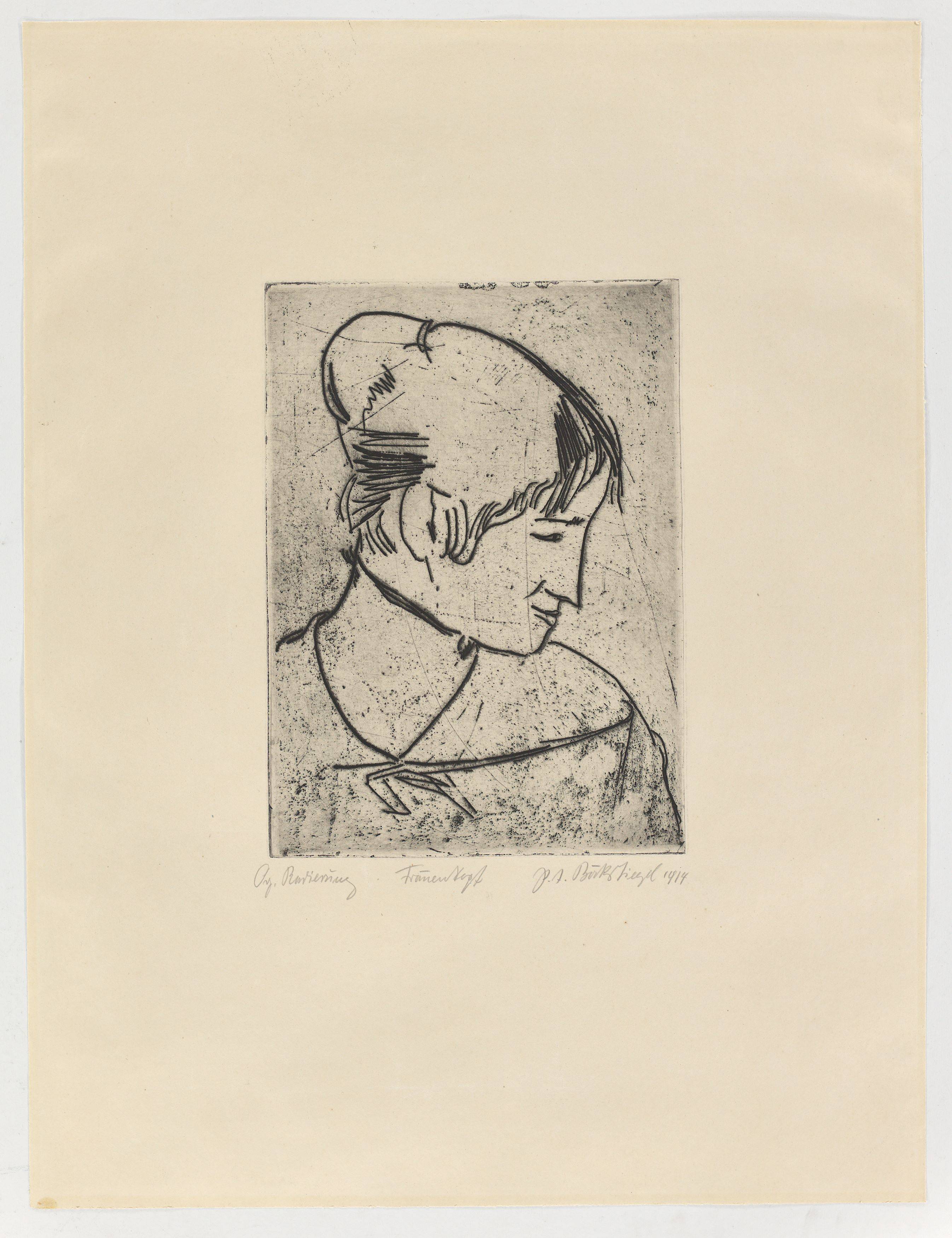 This picture shows the following artwork: Peter August Böckstiegel. ”Frauenkopf im Profil nach rechts”. 1913/14.