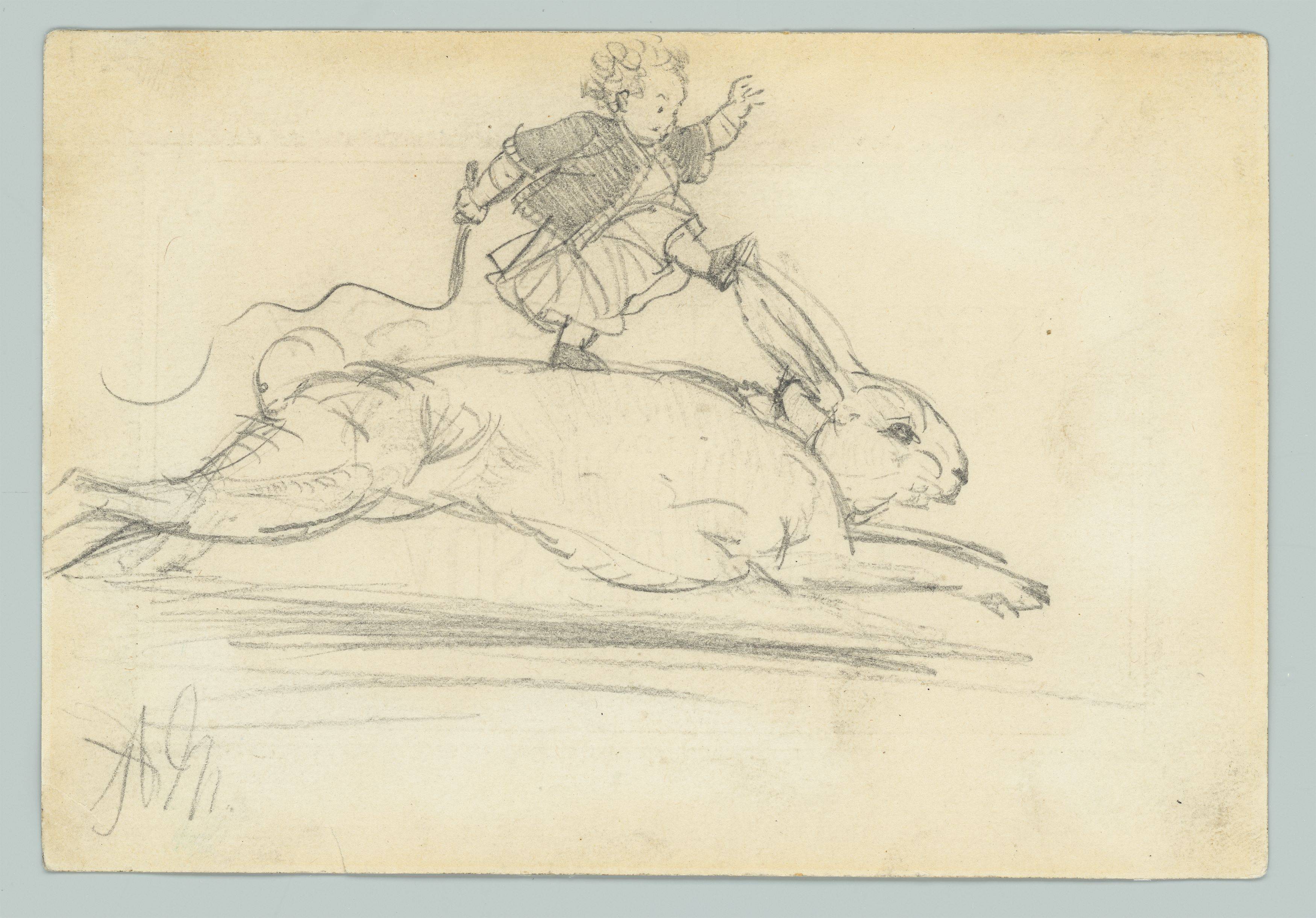 This picture shows the following artwork: Adolph Menzel. Hare Hunt (Card for the Exhibition of Adolph Menzel). (before) 1898.