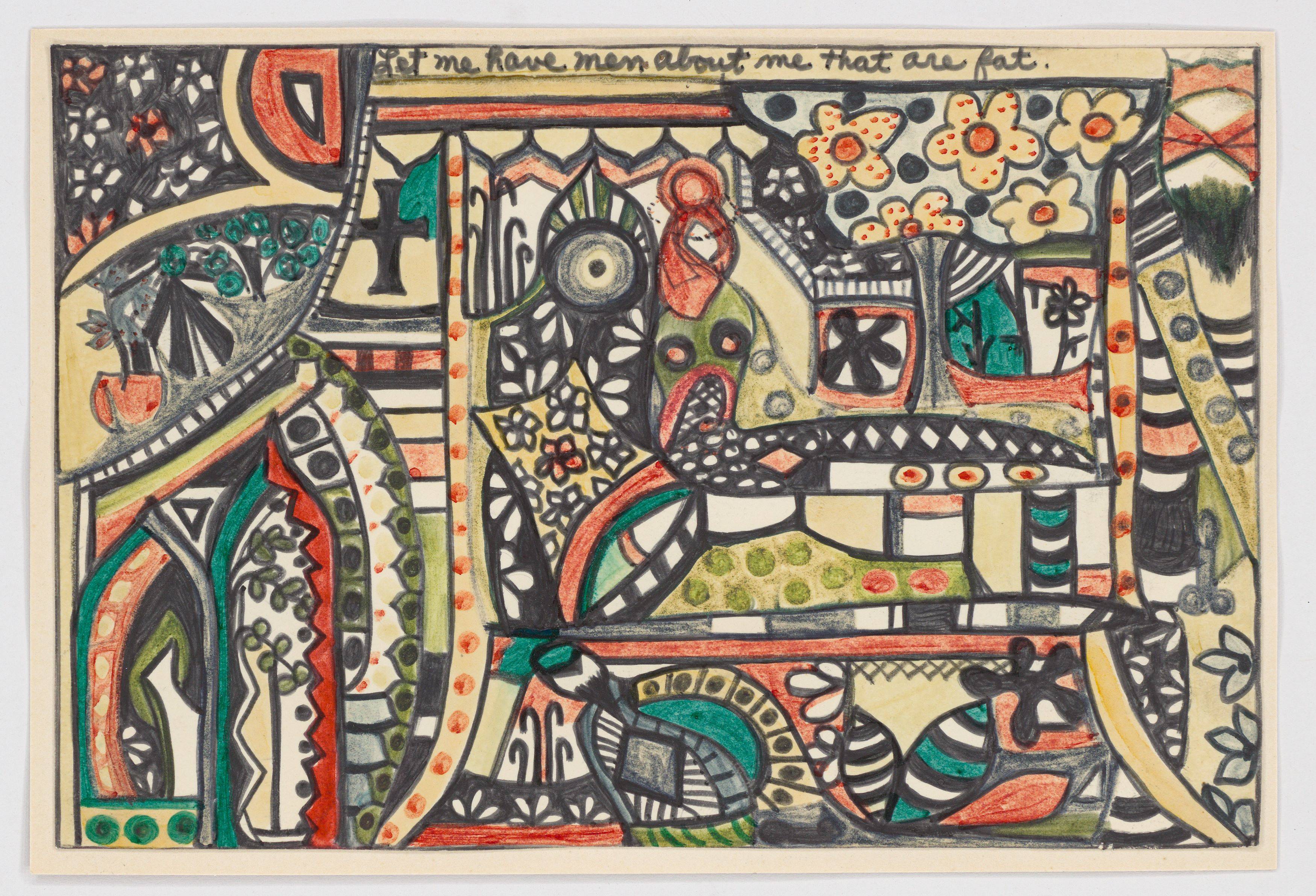 Auf diesem Bild ist das folgende Kunstwerk zu sehen: Dorothy Iannone. „Let me have men about me that are fat.“. 1966.