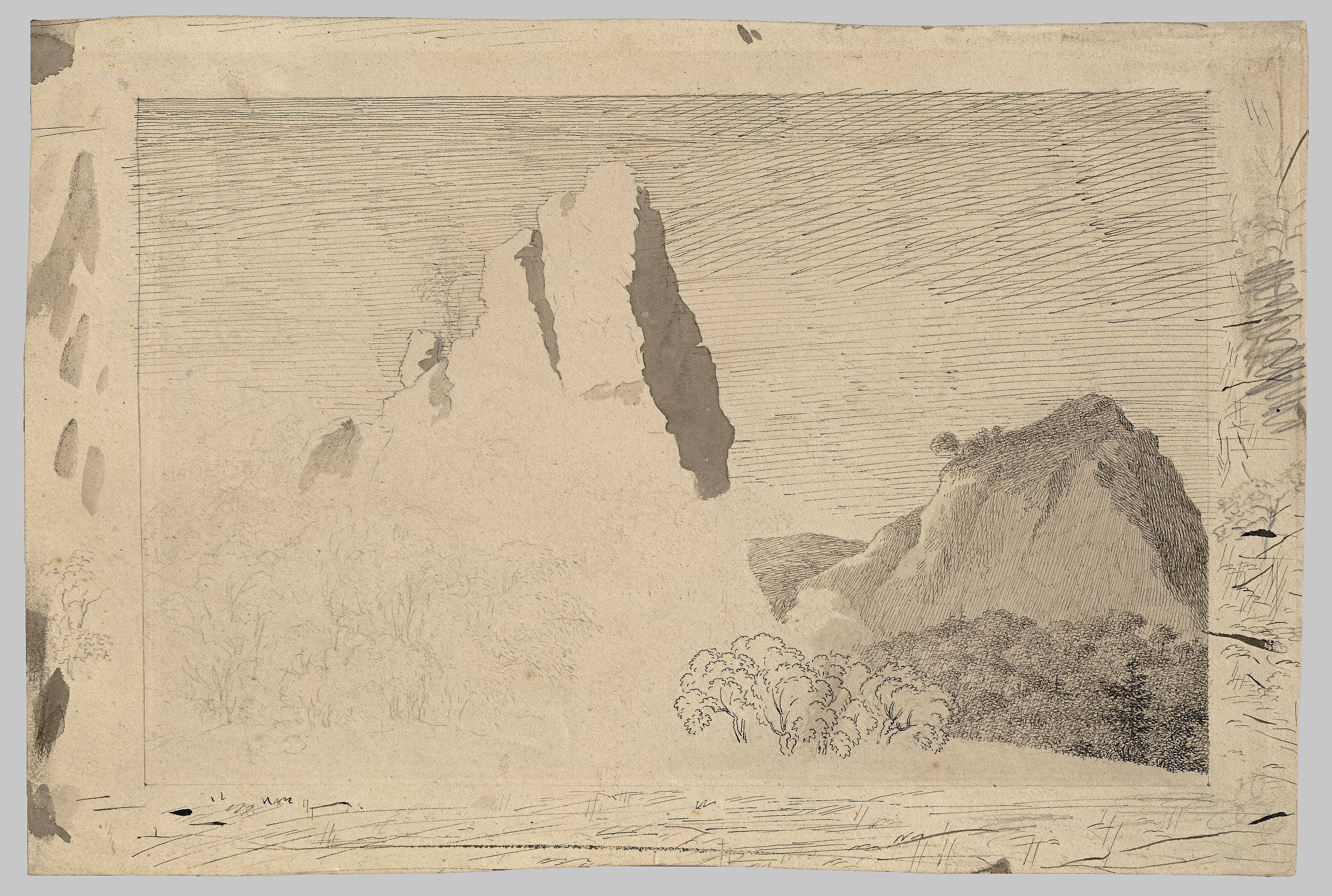 This picture shows the following artwork: Caspar David Friedrich. ”Landschaft mit Felsgipfel”. Circa 1799.