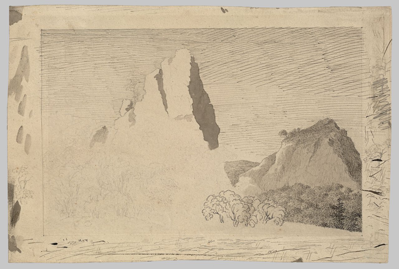 This picture shows the following artwork: Caspar David Friedrich. ”Landschaft mit Felsgipfel”. Circa 1799.