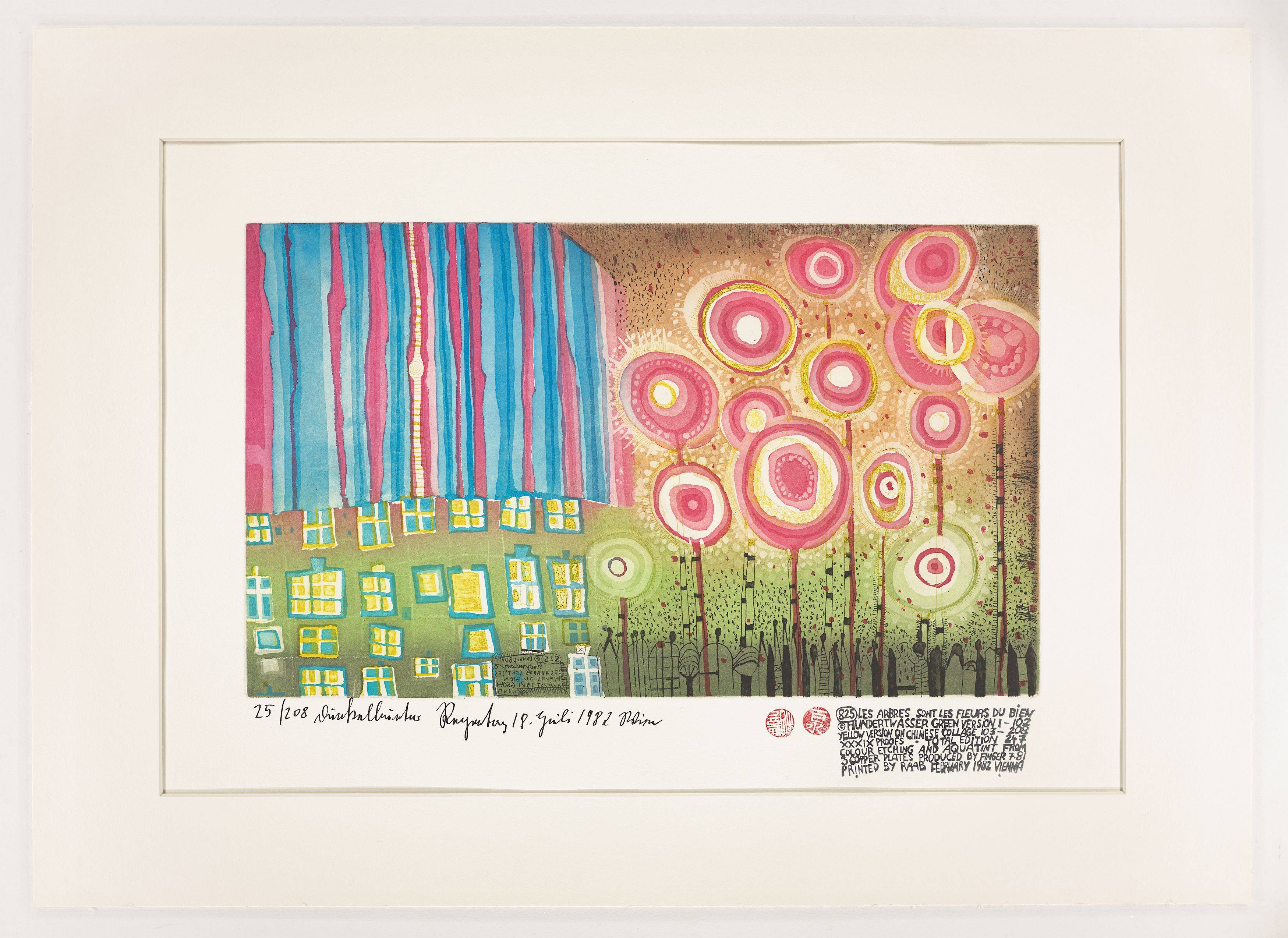 This picture shows the following artwork: Friedensreich Hundertwasser. ”The Trees Are the Flowers of the Good”. 1982.