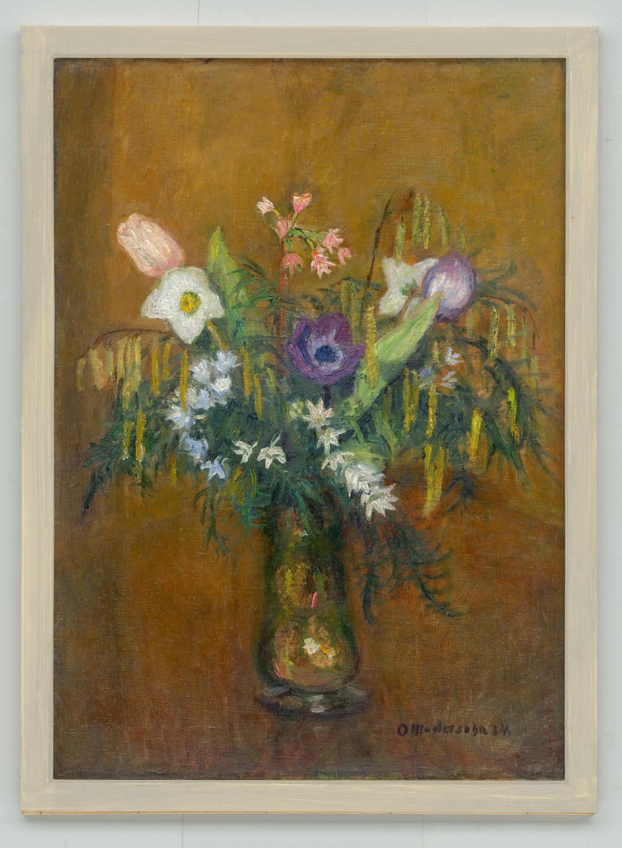 This picture shows the following artwork: Otto Modersohn. ”Frühlingsblumen in grünem Glas” / ”Mainlandschaft”. 1934 / circa 1925.