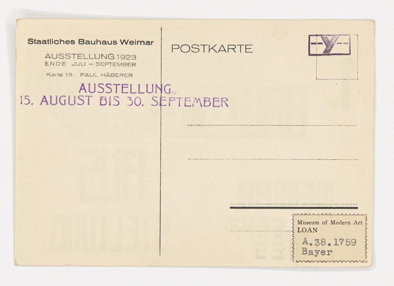 Auf diesem Bild ist das folgende Kunstwerk zu sehen: Paul Häberer. Hausmodell (Karte zur Bauhaus Ausstellung Weimar 1923). 1923.