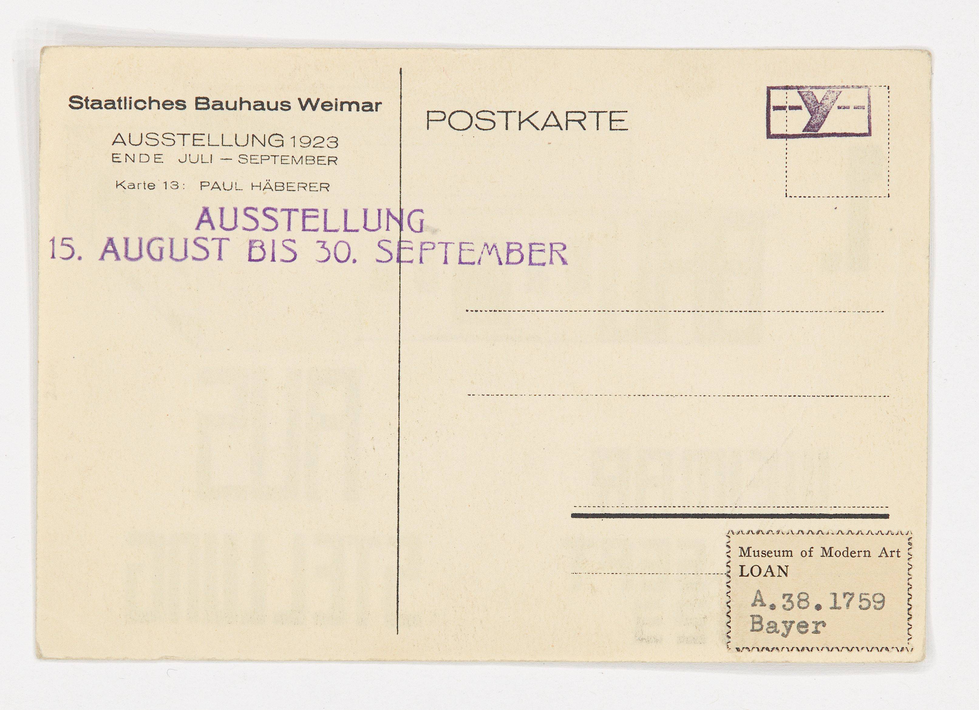 Auf diesem Bild ist das folgende Kunstwerk zu sehen: Paul Häberer. Hausmodell (Karte zur Bauhaus Ausstellung Weimar 1923). 1923.