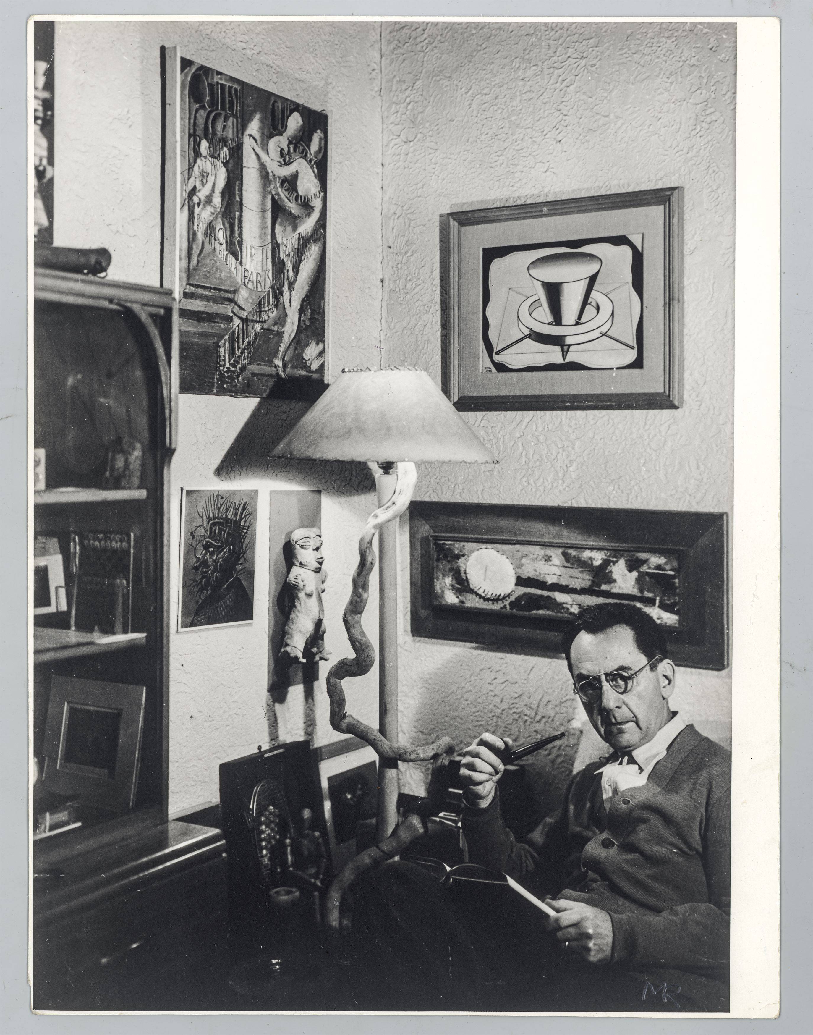 This picture shows the following artwork:  Man Ray. Man Ray in his home in Hollywood. 1948.