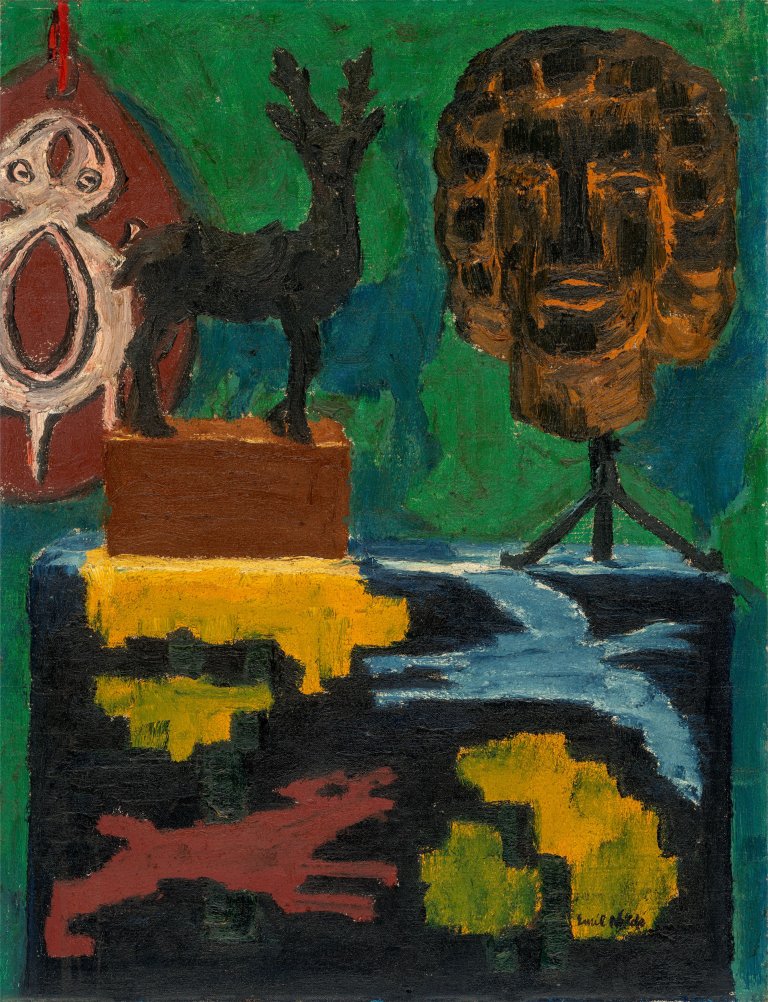This picture shows the following artwork: Emil Nolde. ”Stilleben P (Grüner Hintergrund, Hirsch, Kopf)”. 1915.