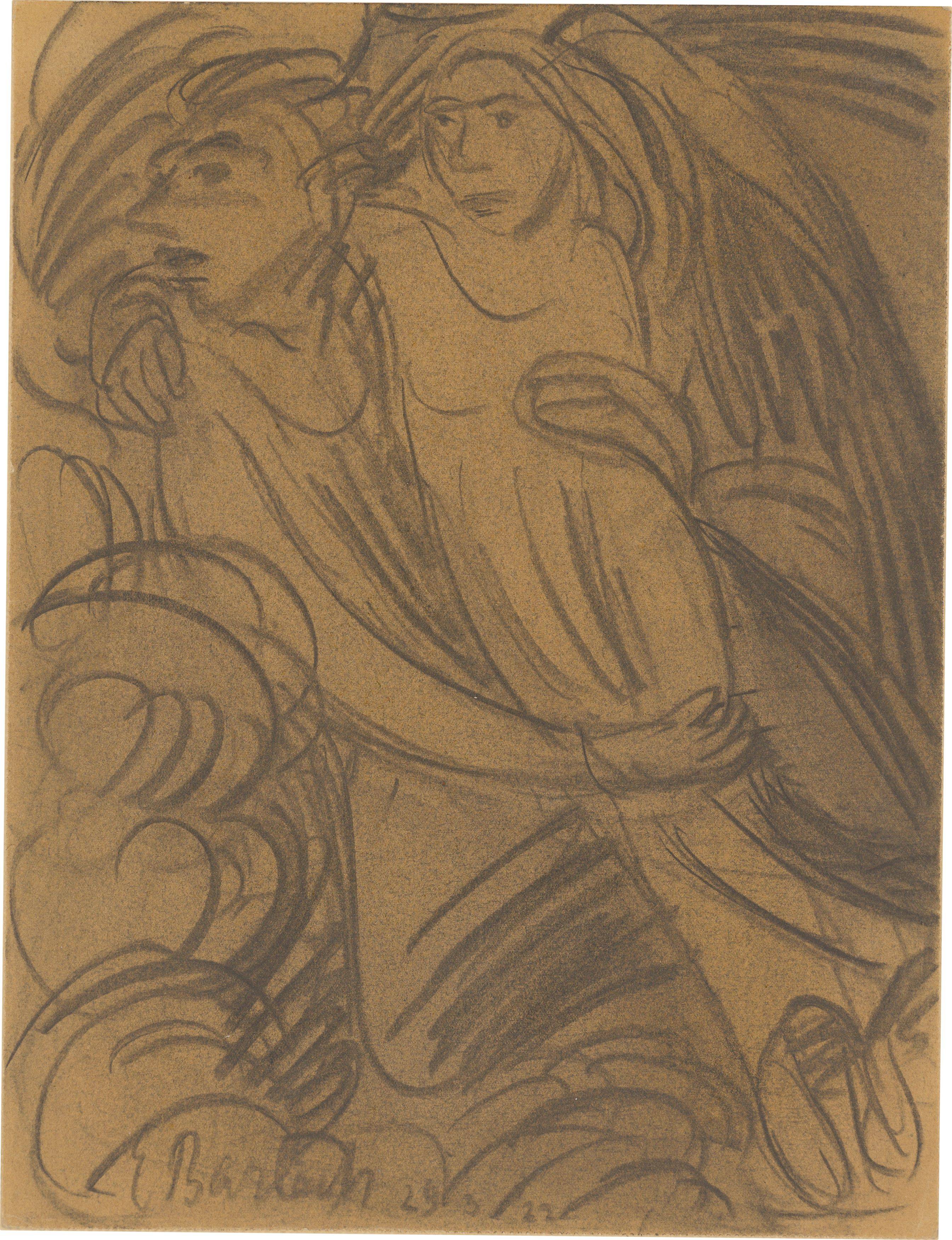 This picture shows the following artwork: Ernst Barlach. Floating angel carrying a female figure. 1922.
