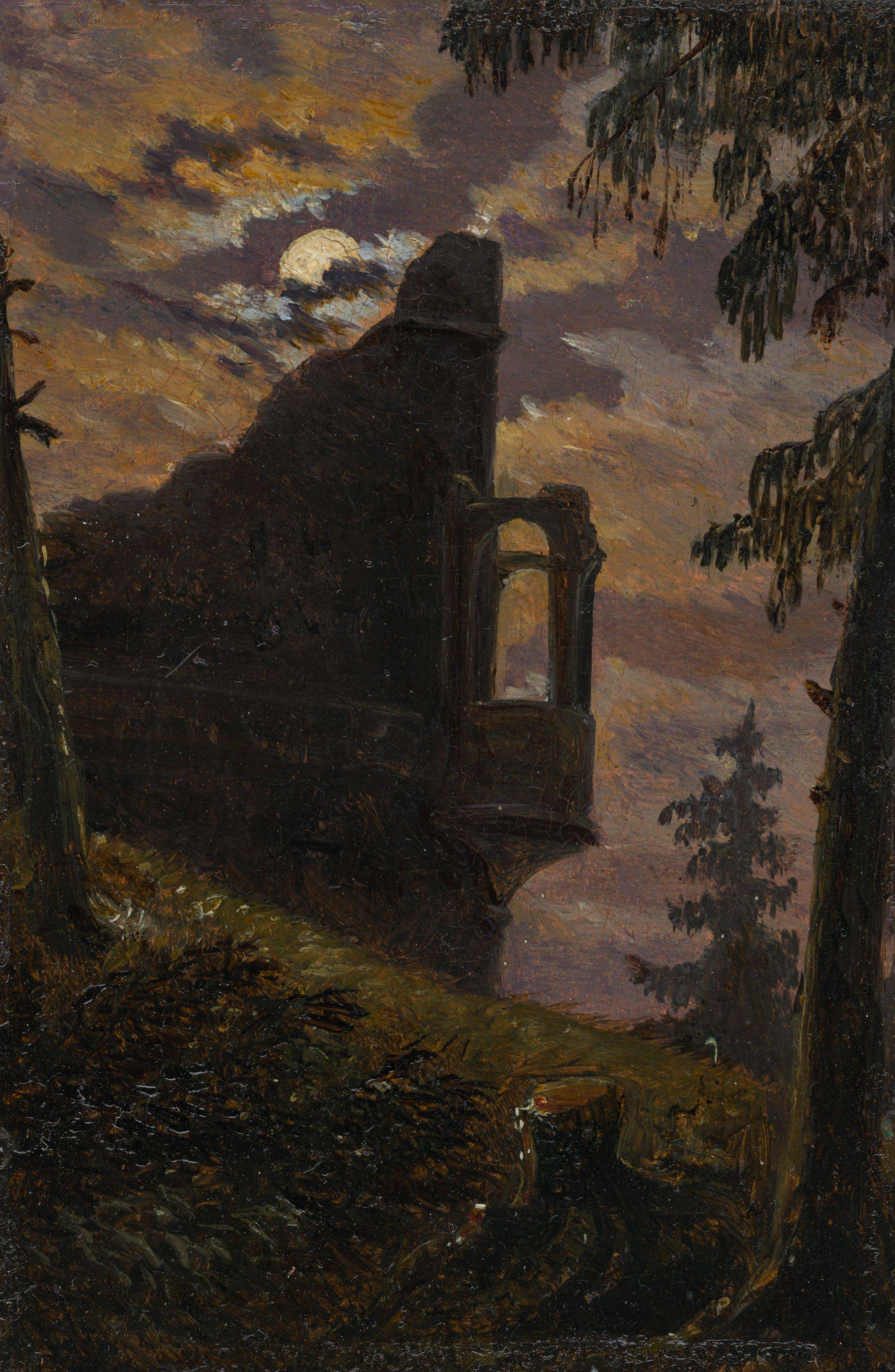 Auf diesem Bild ist das folgende Kunstwerk zu sehen: Carl Gustav Carus. „Mondschein hinter Burgruine mit Erker“.