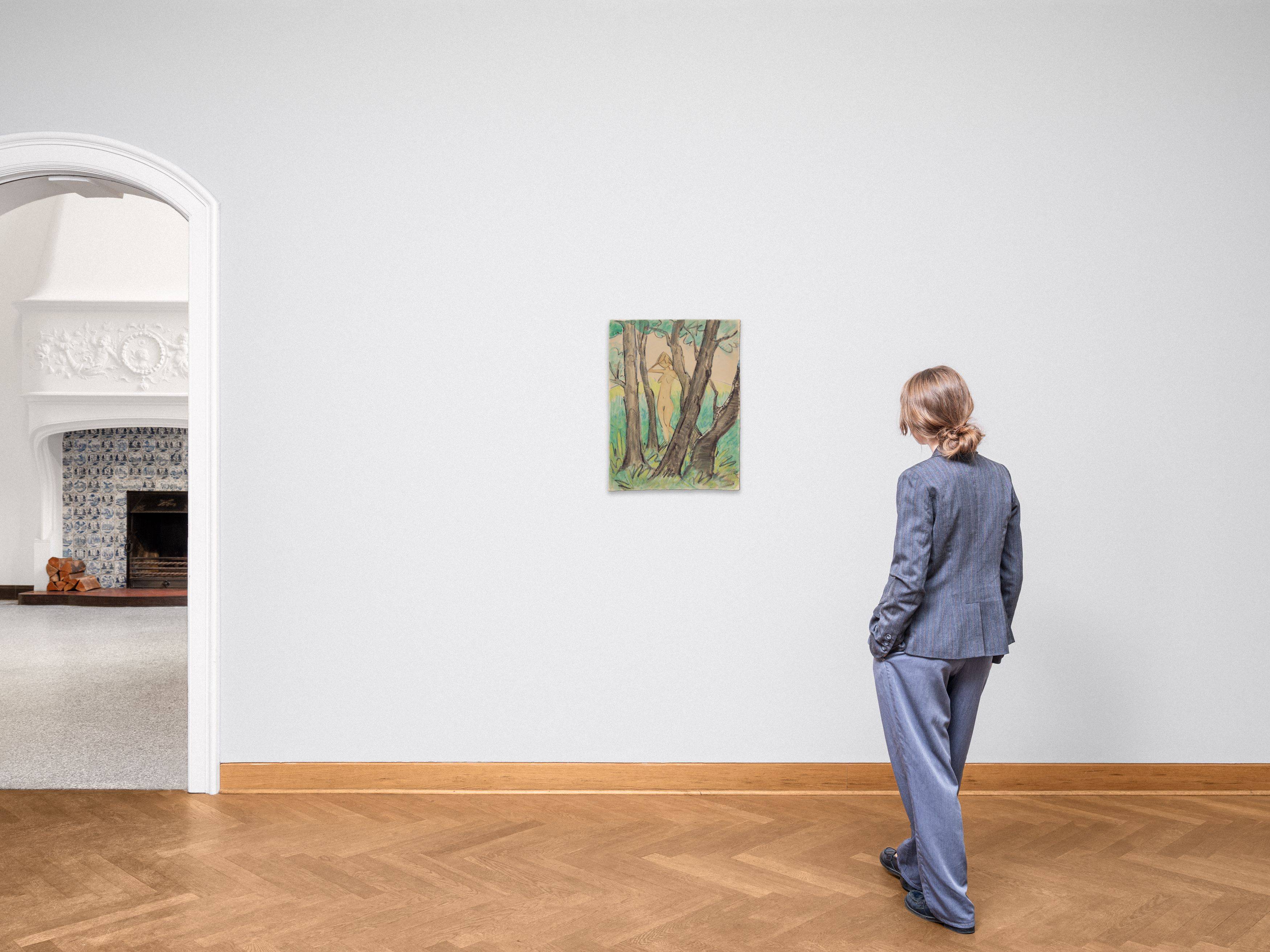 This picture shows the following artwork: Otto Mueller. ”Stehender weiblicher Akt zwischen Bäumen”. Circa 1925.