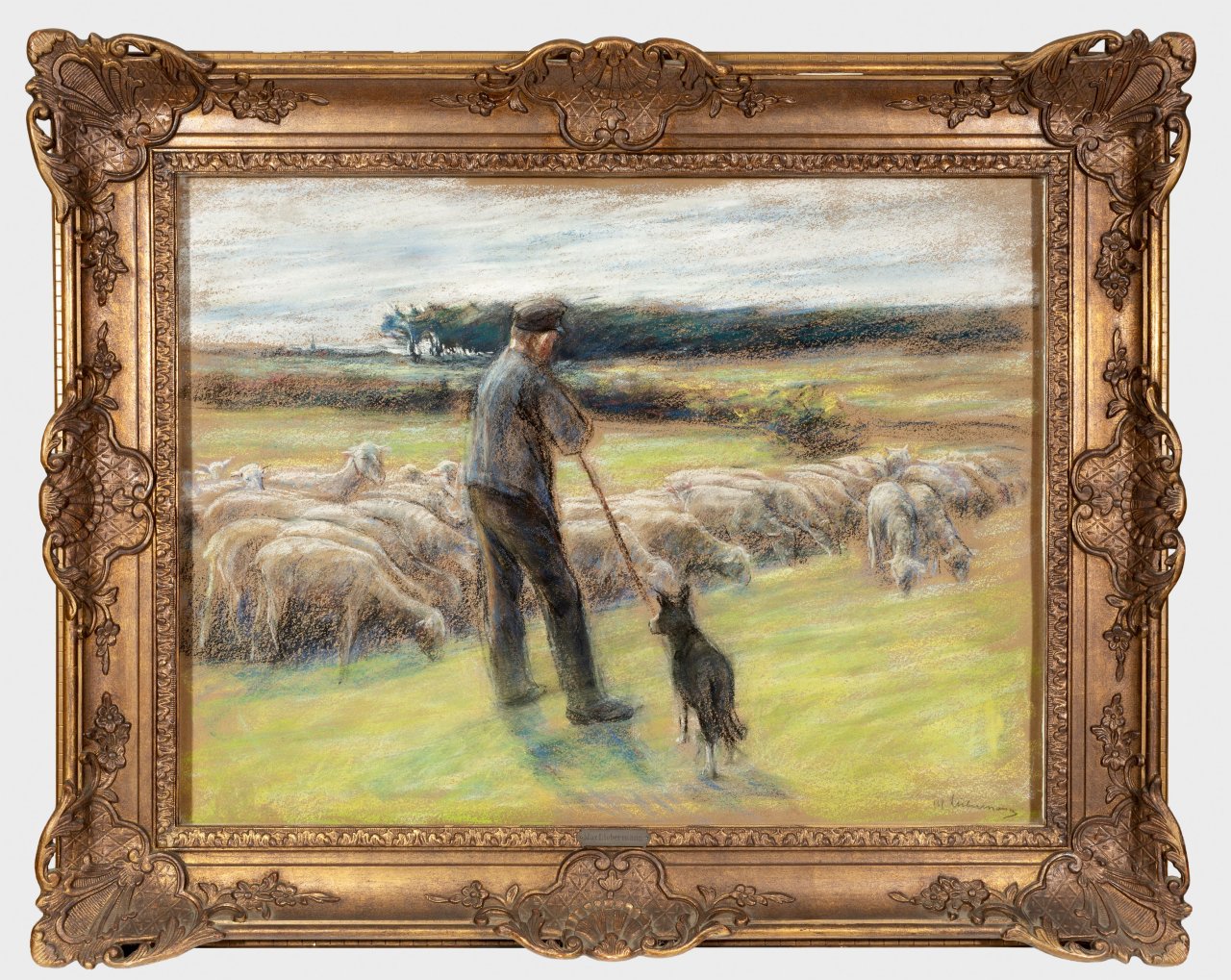 This picture shows the following artwork: Max Liebermann. „Schafe - Hirte mit Schafherde und Schäferhund bei Laren“. Circa 1895.