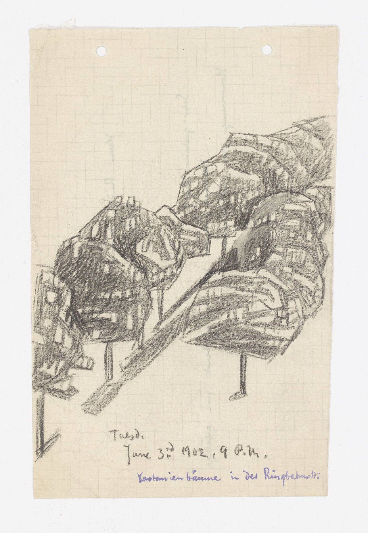 Auf diesem Bild ist das folgende Kunstwerk zu sehen: Lyonel Feininger. „Kastanienbäume in der Ringbahnstraße“. 1902.
